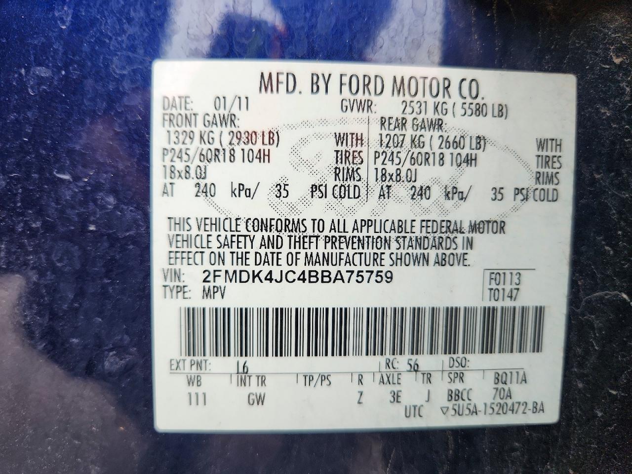 2011 Ford Edge Sel Blue vin: 2FMDK4JC4BBA75759