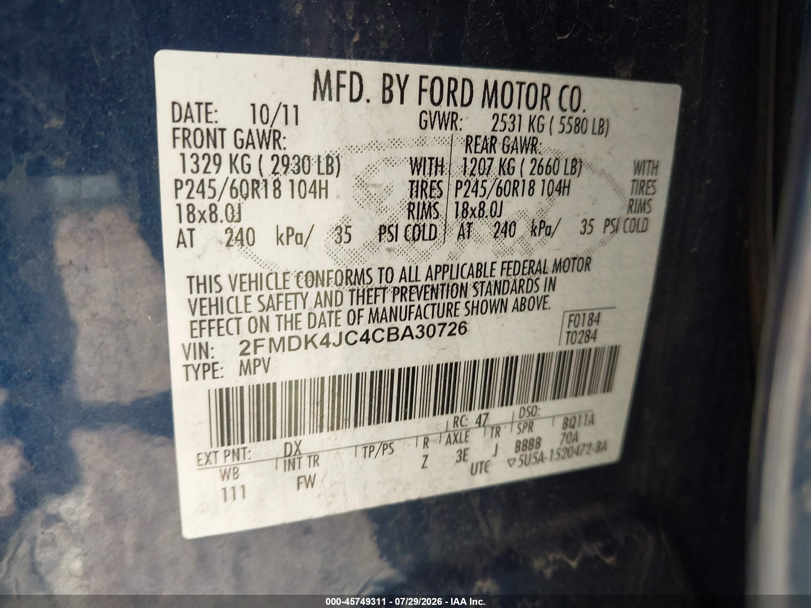 2012 Ford Edge Sel Синий vin: 2FMDK4JC4CBA30726