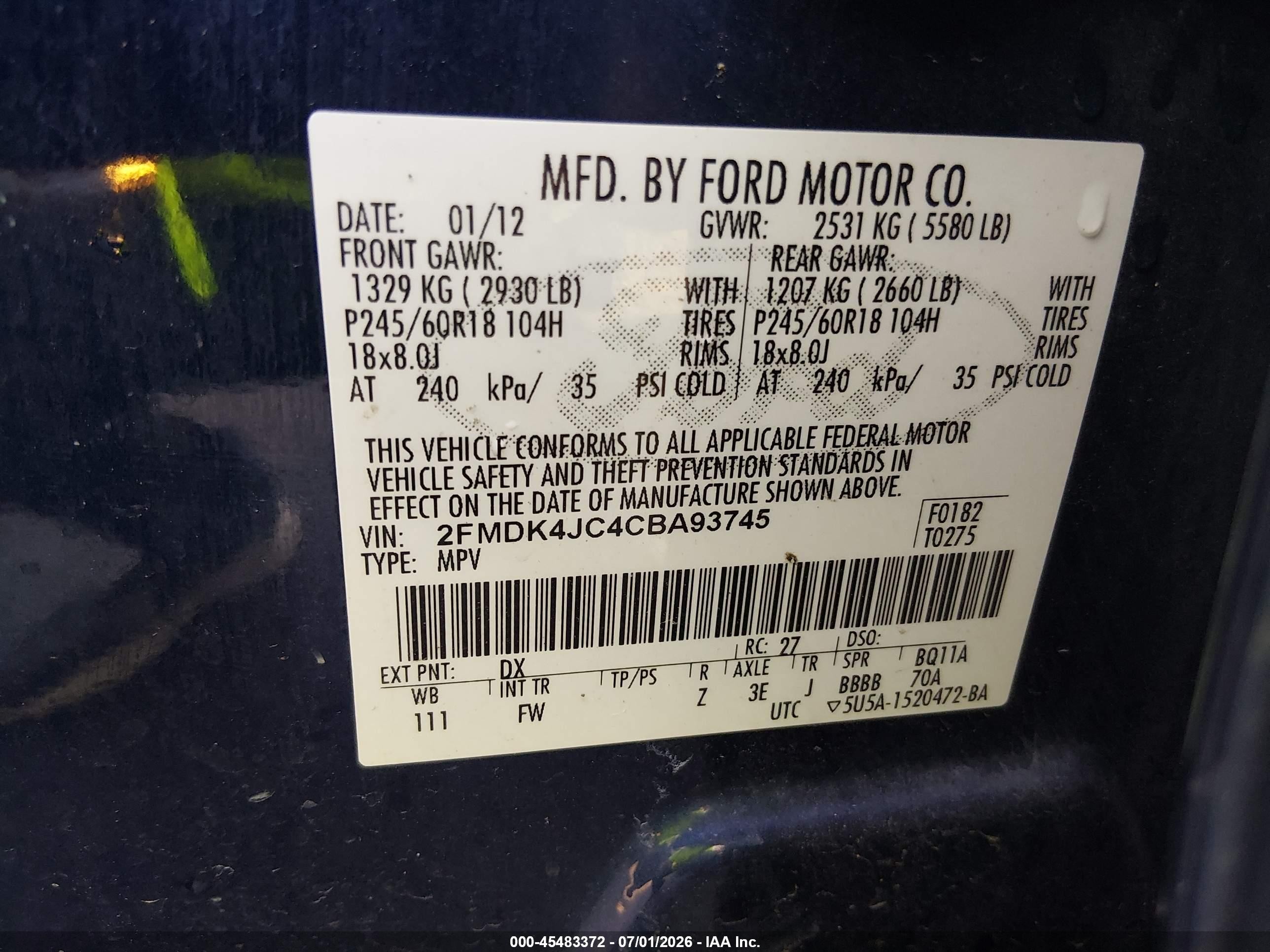 2012 Ford Edge Sel Синий vin: 2FMDK4JC4CBA93745