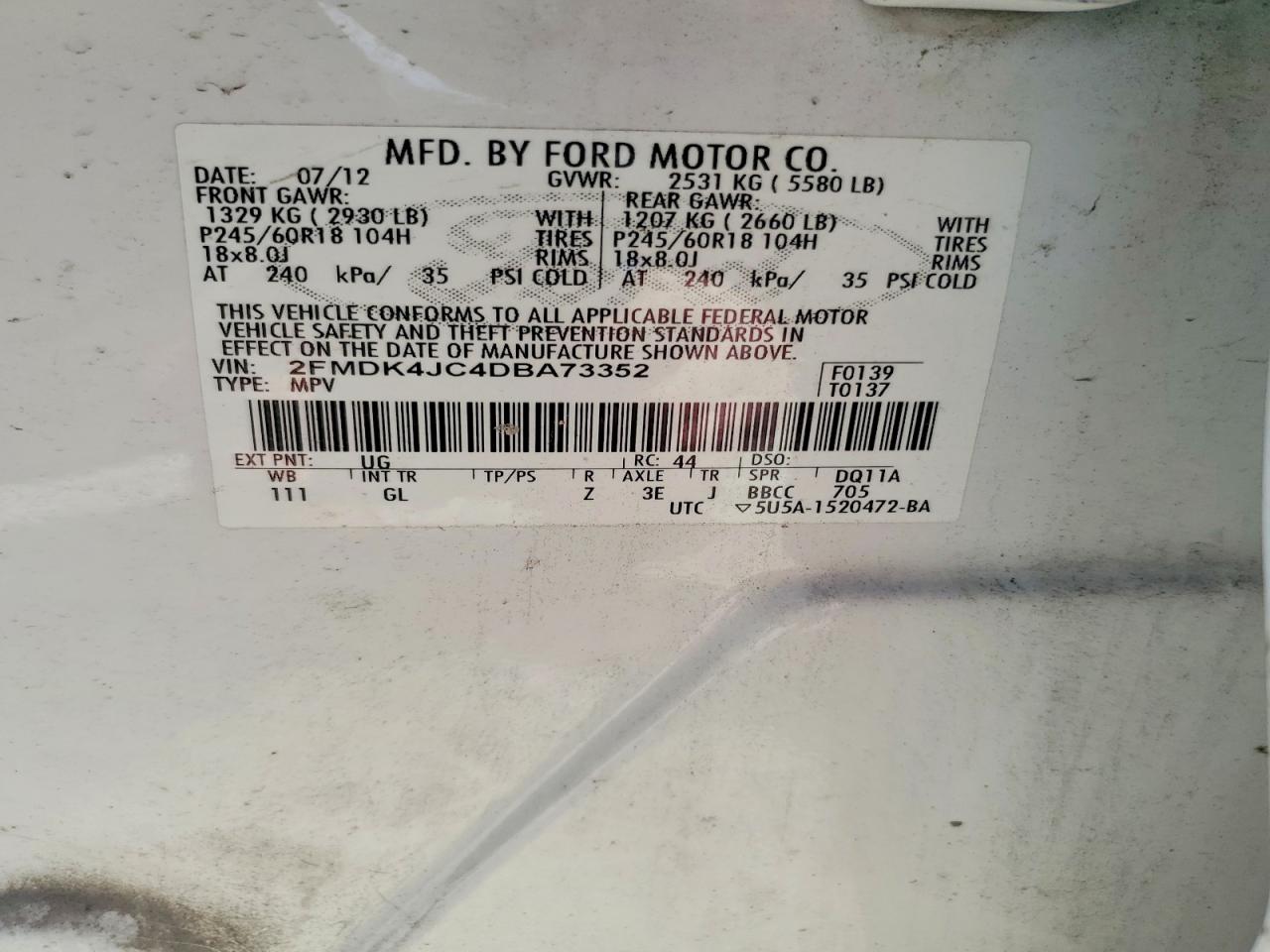 2013 Ford Edge Sel Белый vin: 2FMDK4JC4DBA73352