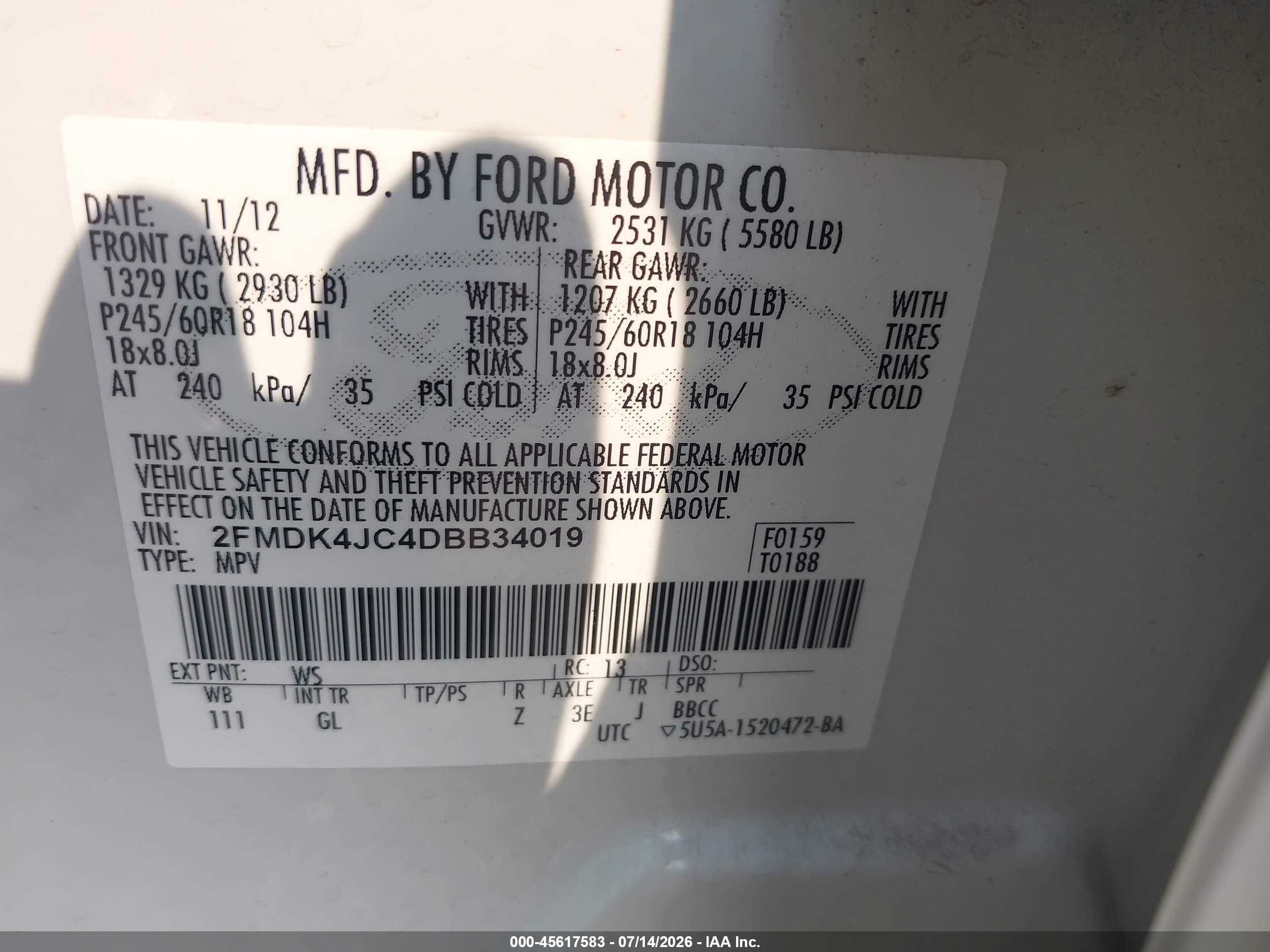 2013 Ford Edge Sel White vin: 2FMDK4JC4DBB34019