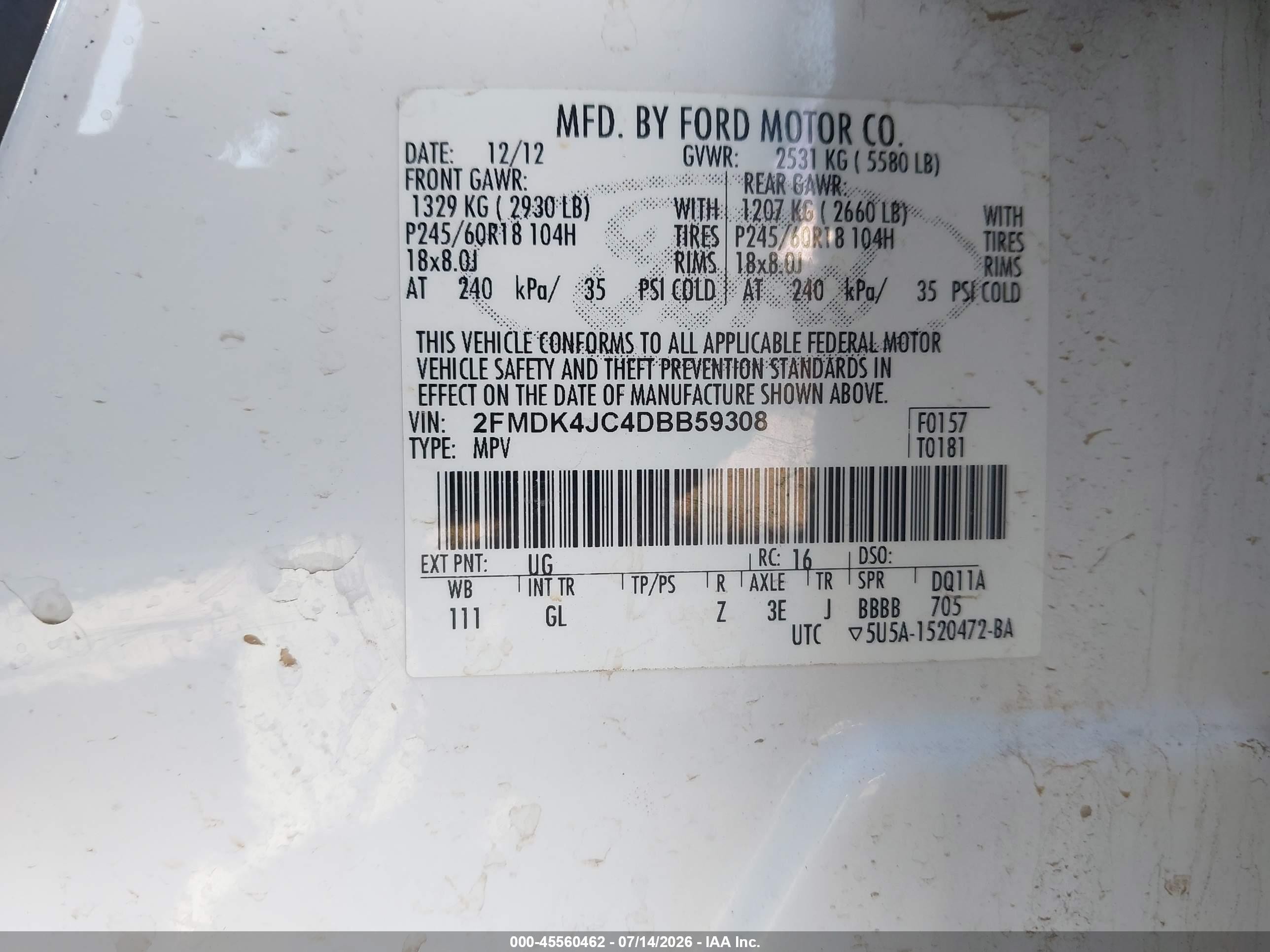 2013 Ford Edge Sel White vin: 2FMDK4JC4DBB59308