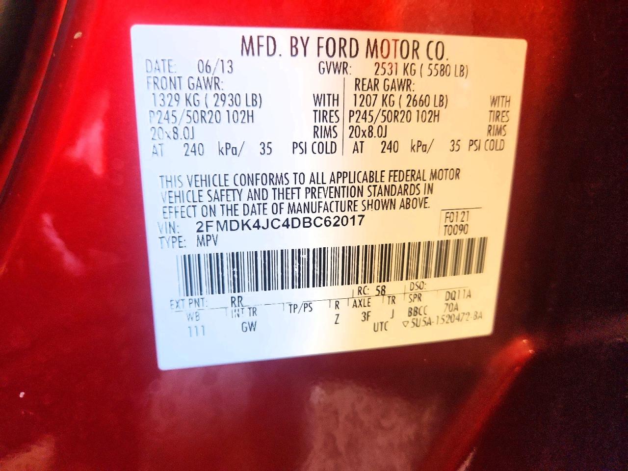 2013 Ford Edge Sel Red vin: 2FMDK4JC4DBC62017