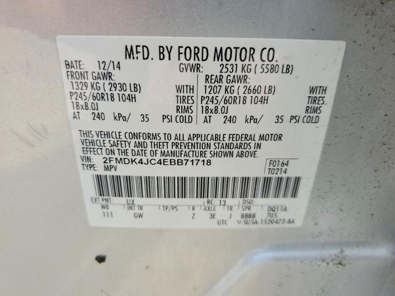 2014 Ford 2110 Silver vin: 2FMDK4JC4EBB71718
