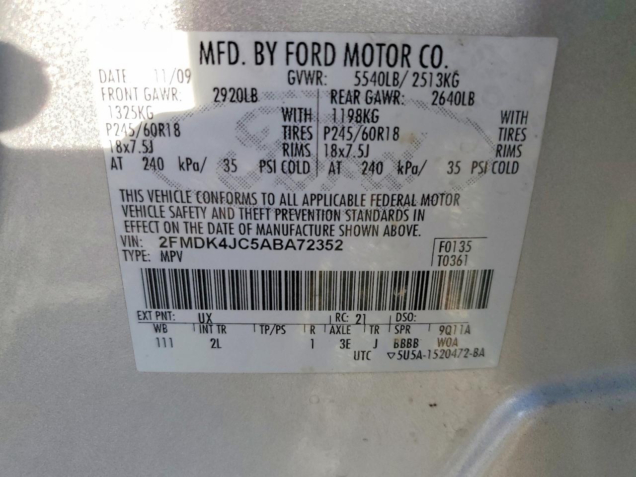 2010 Ford Edge Sel Silver vin: 2FMDK4JC5ABA72352