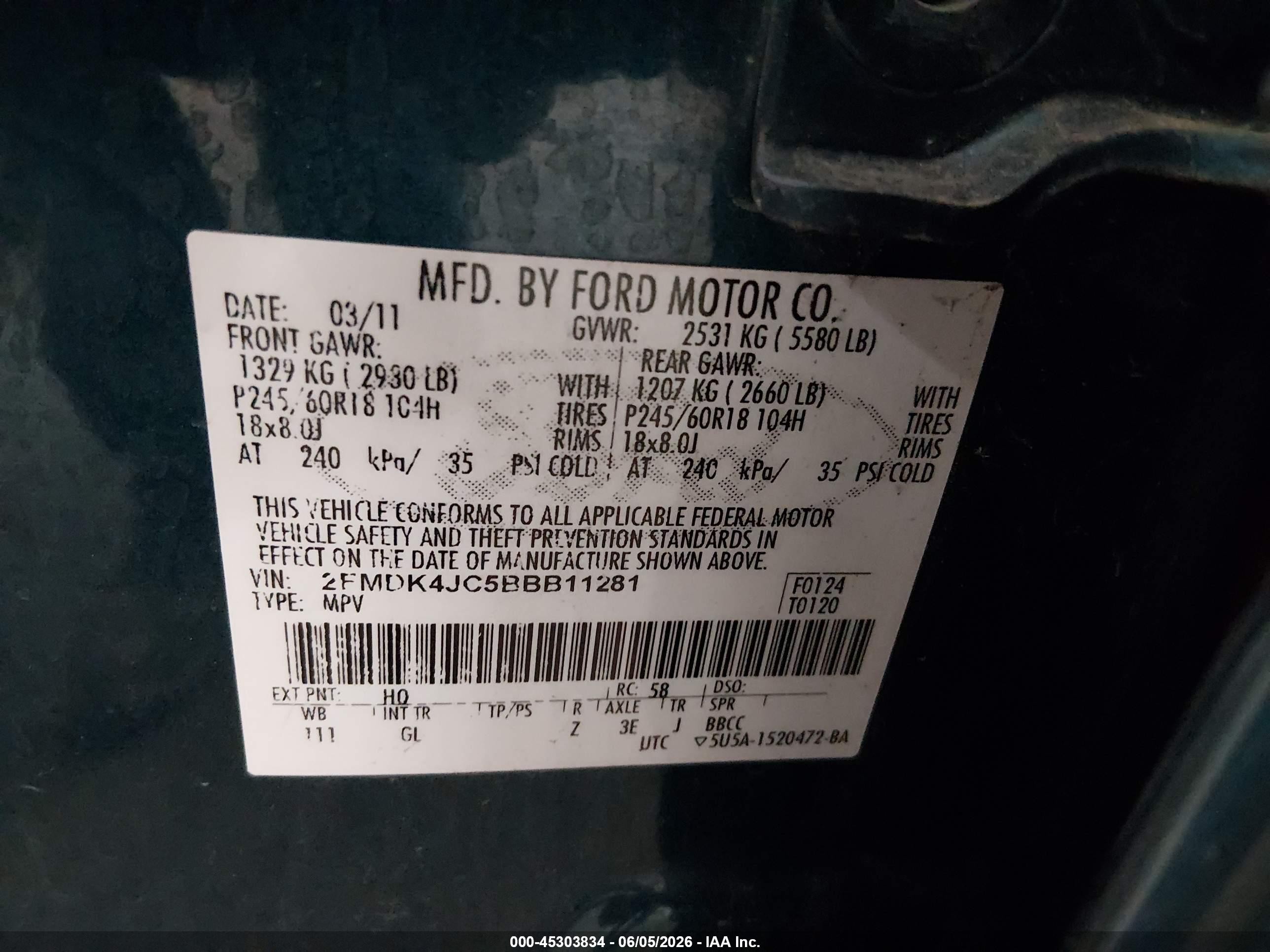 2011 Ford Edge Sel Turquoise vin: 2FMDK4JC5BBB11281