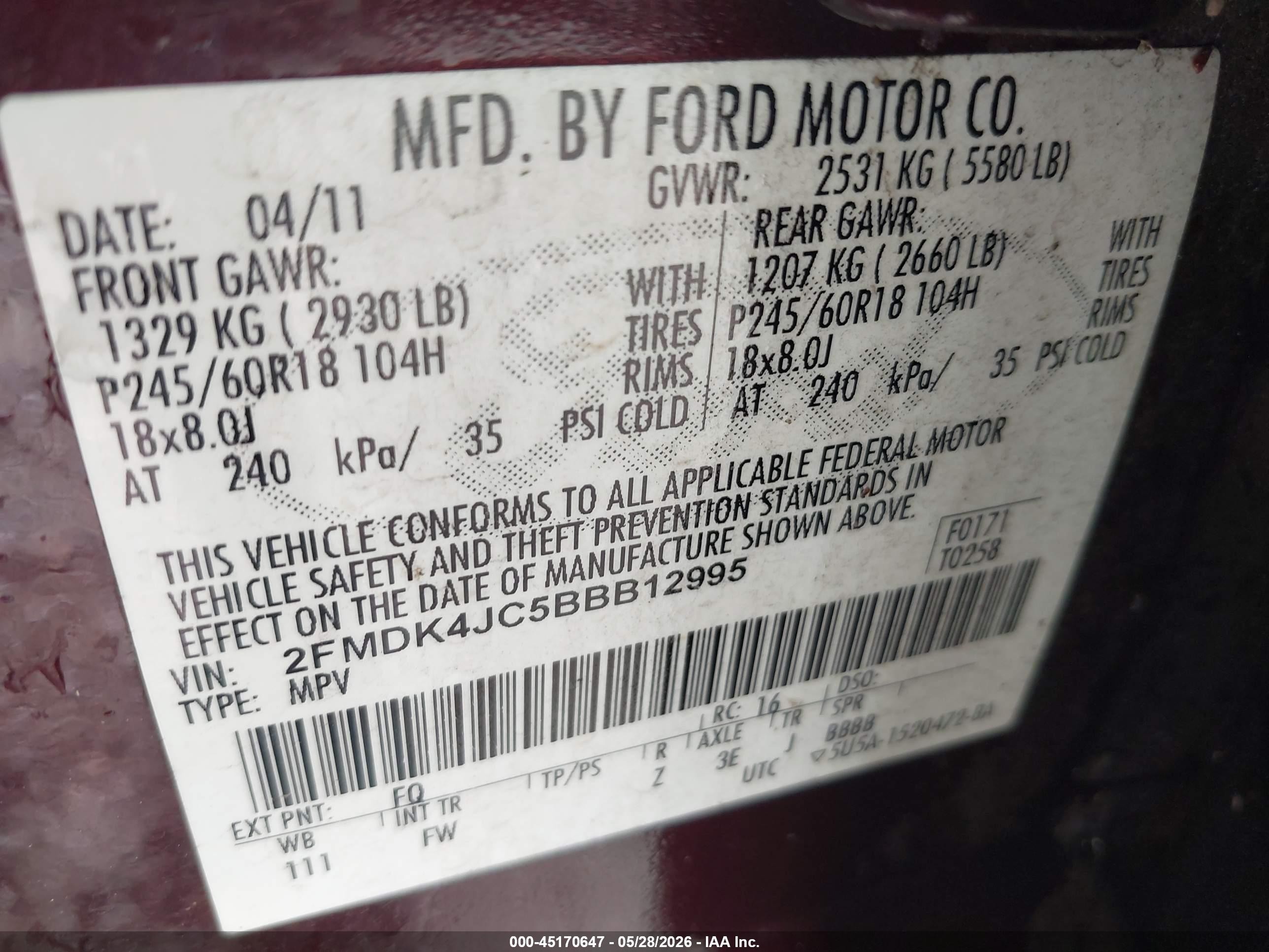 2011 Ford Edge Sel Burgundy vin: 2FMDK4JC5BBB12995