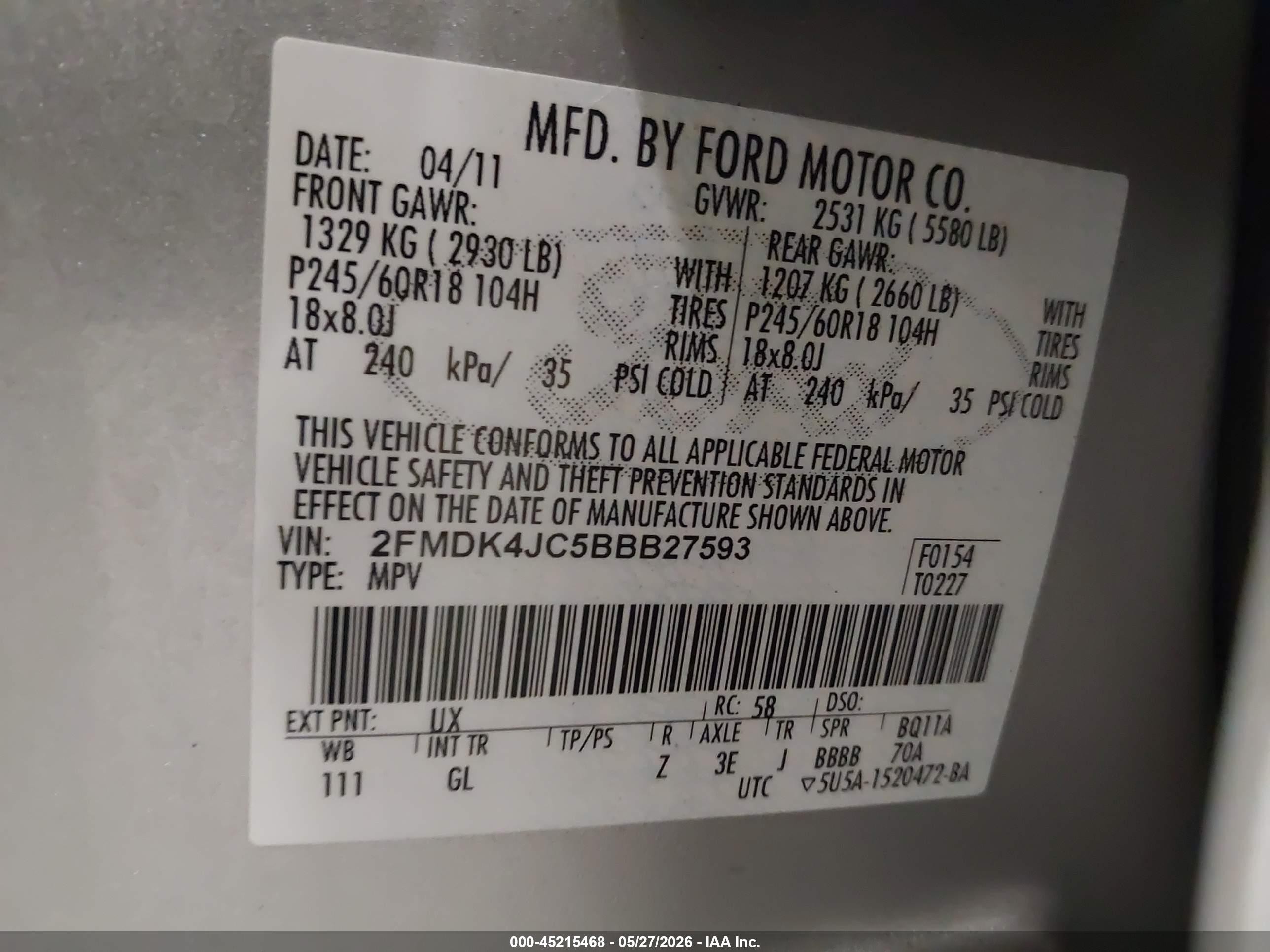 2011 Ford Edge Sel Silver vin: 2FMDK4JC5BBB27593