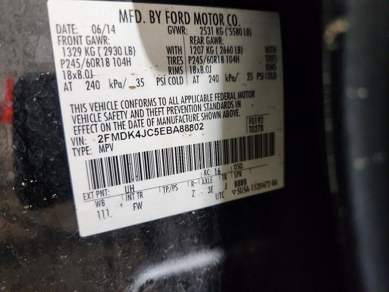2014 Ford Edge Sel Charcoal vin: 2FMDK4JC5EBA88802