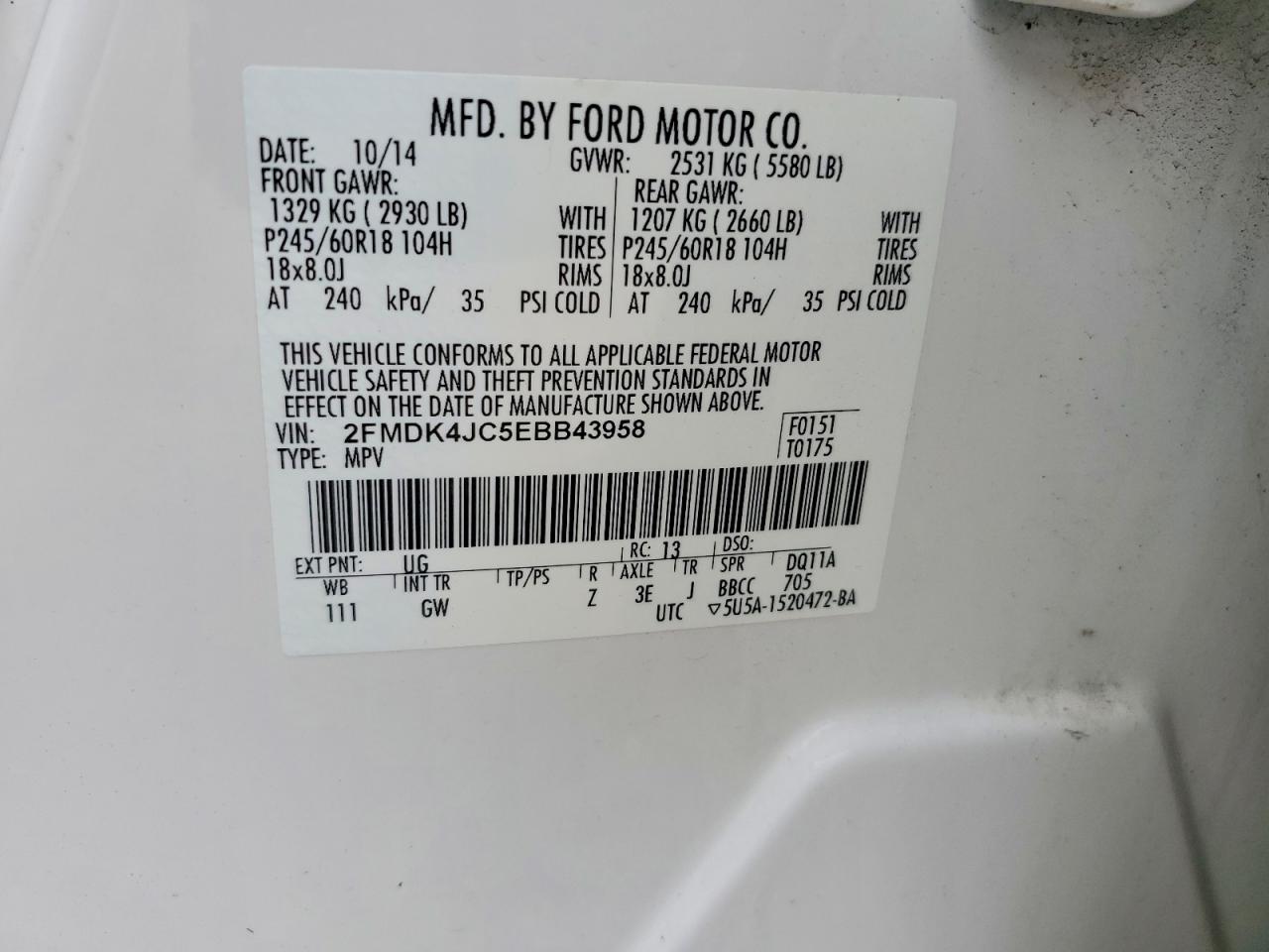 2014 Ford Edge Sel White vin: 2FMDK4JC5EBB43958