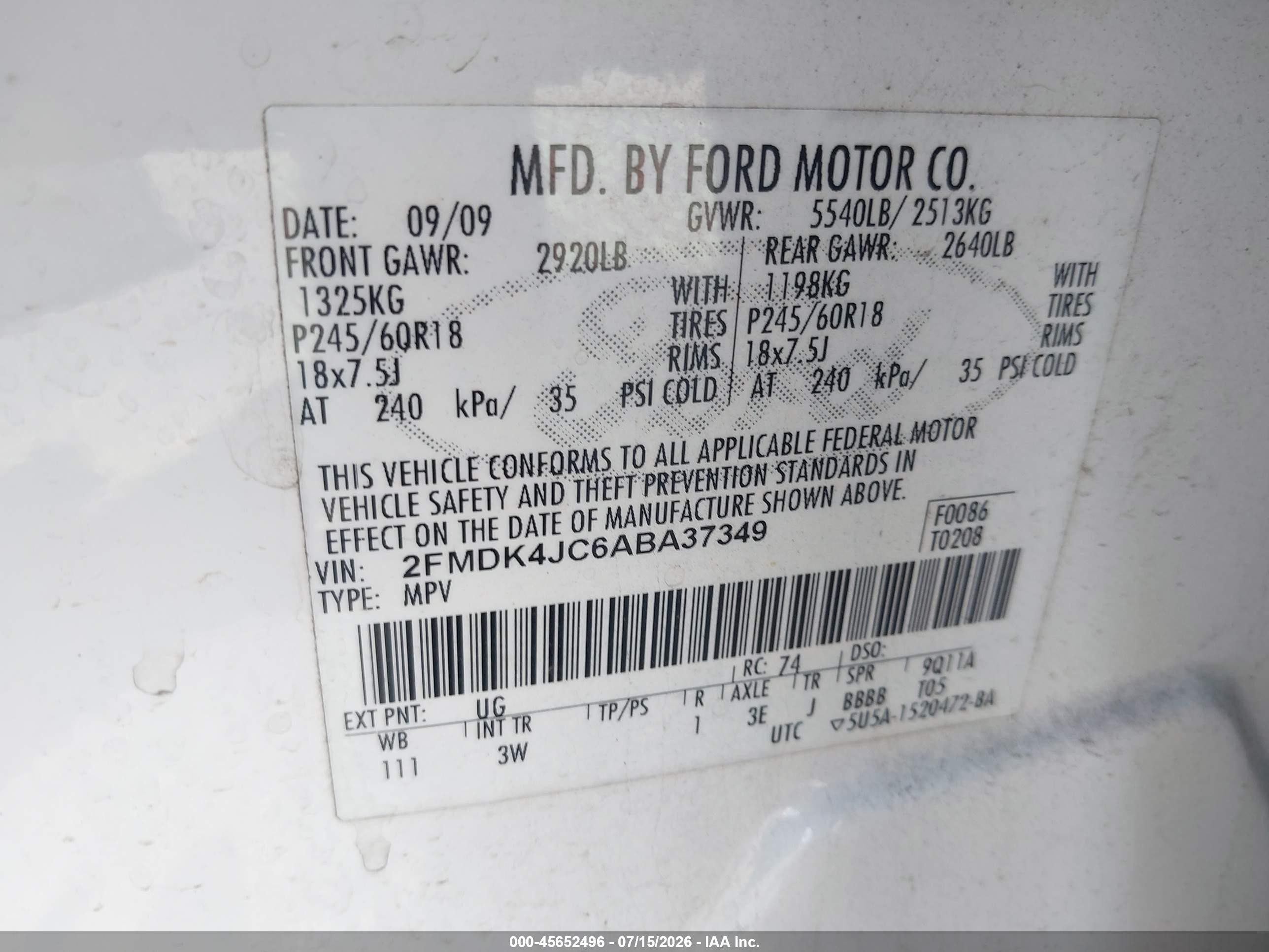 2010 Ford Edge Sel White vin: 2FMDK4JC6ABA37349