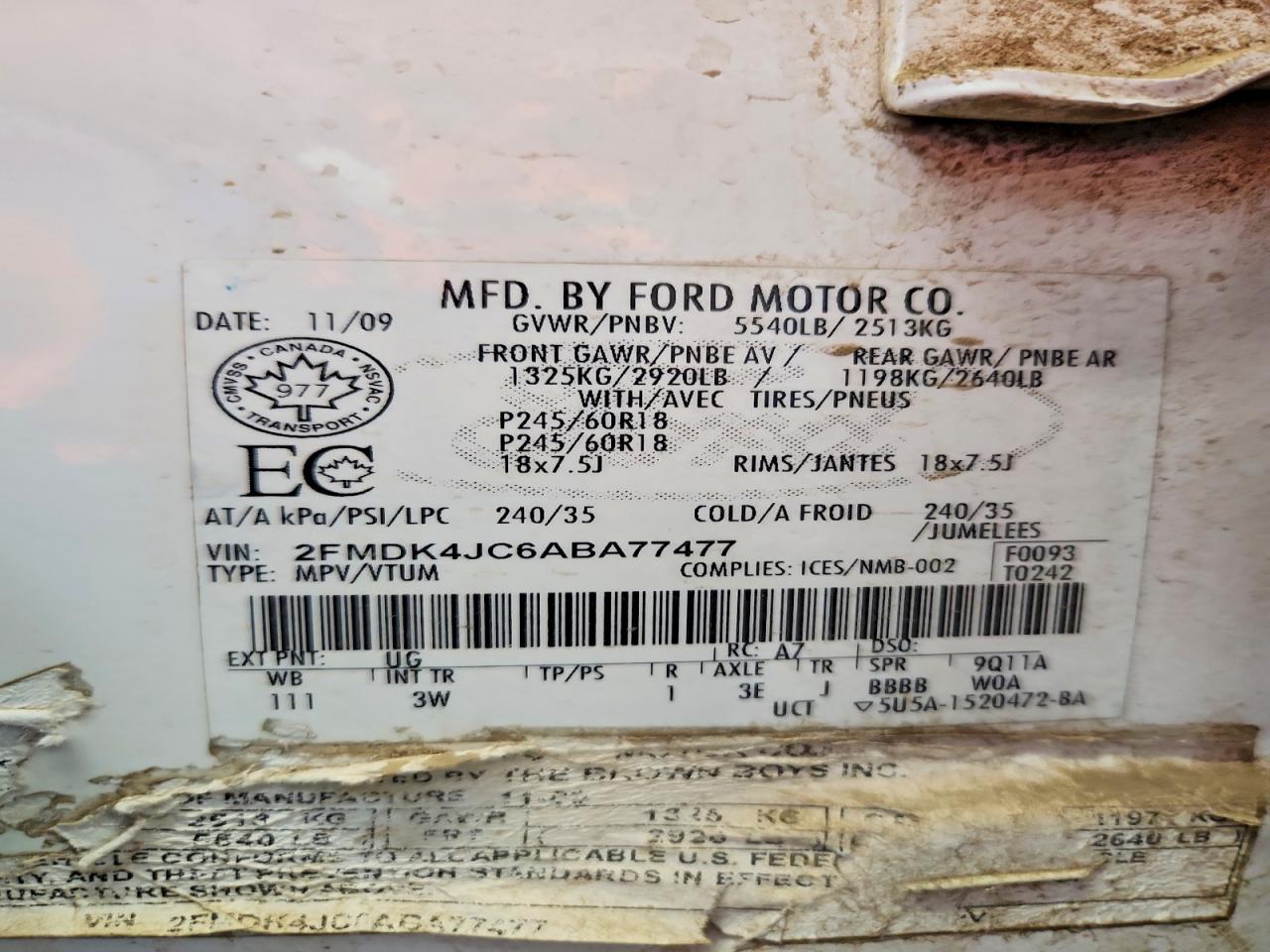 2010 Ford Edge Sel White vin: 2FMDK4JC6ABA77477