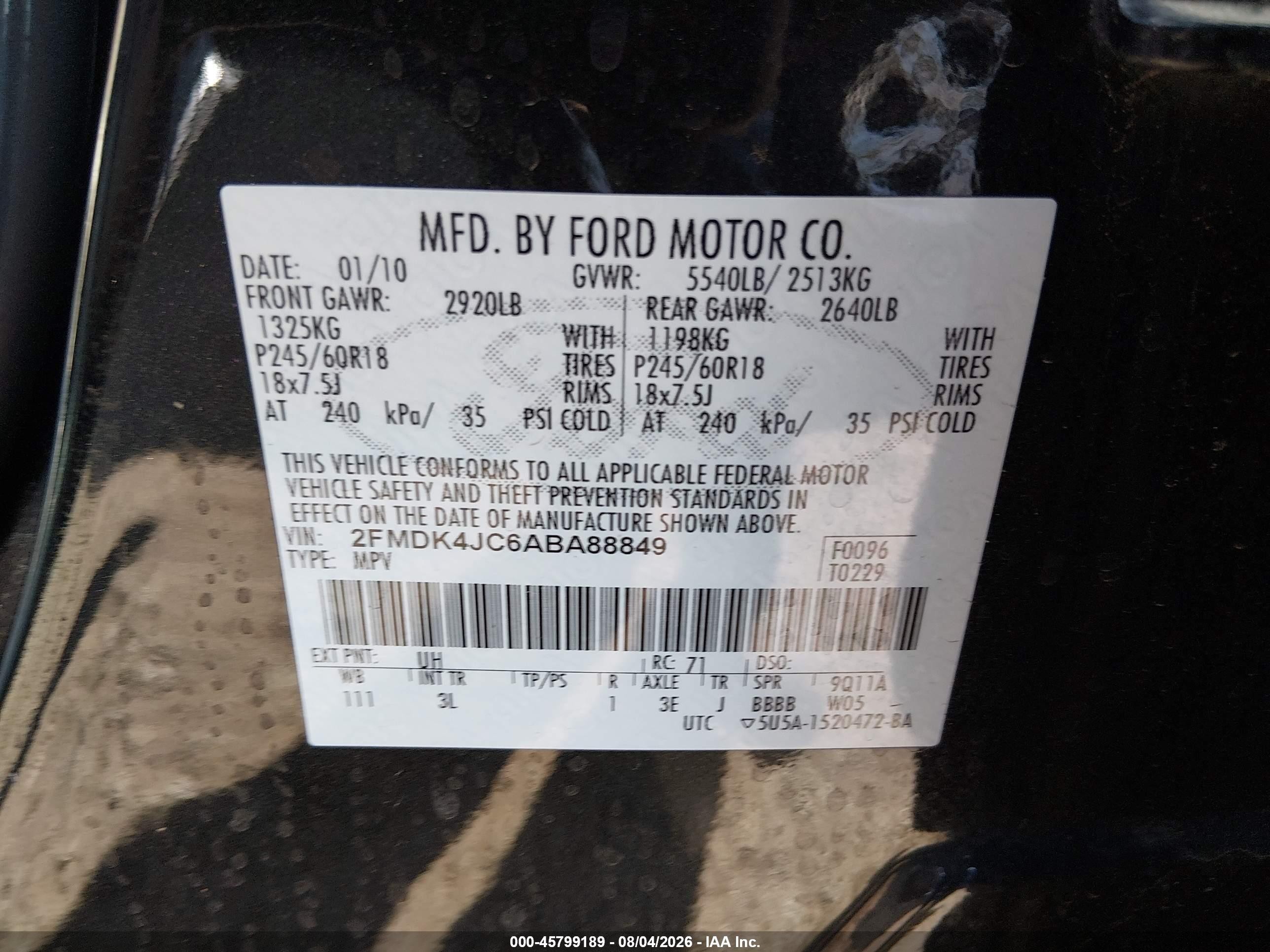 2010 Ford Edge Sel Черный vin: 2FMDK4JC6ABA88849