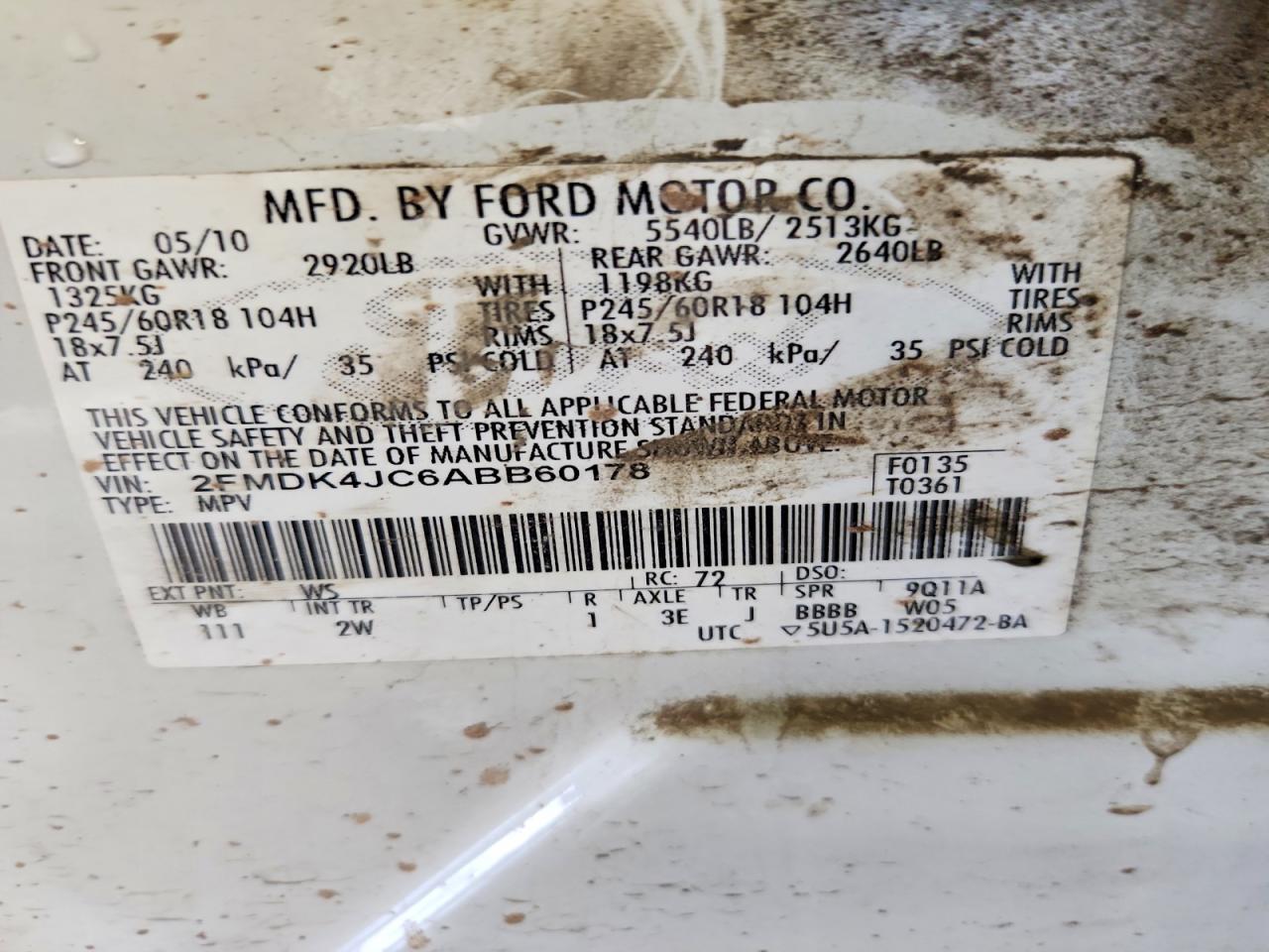 2010 Ford Edge Sel White vin: 2FMDK4JC6ABB60178