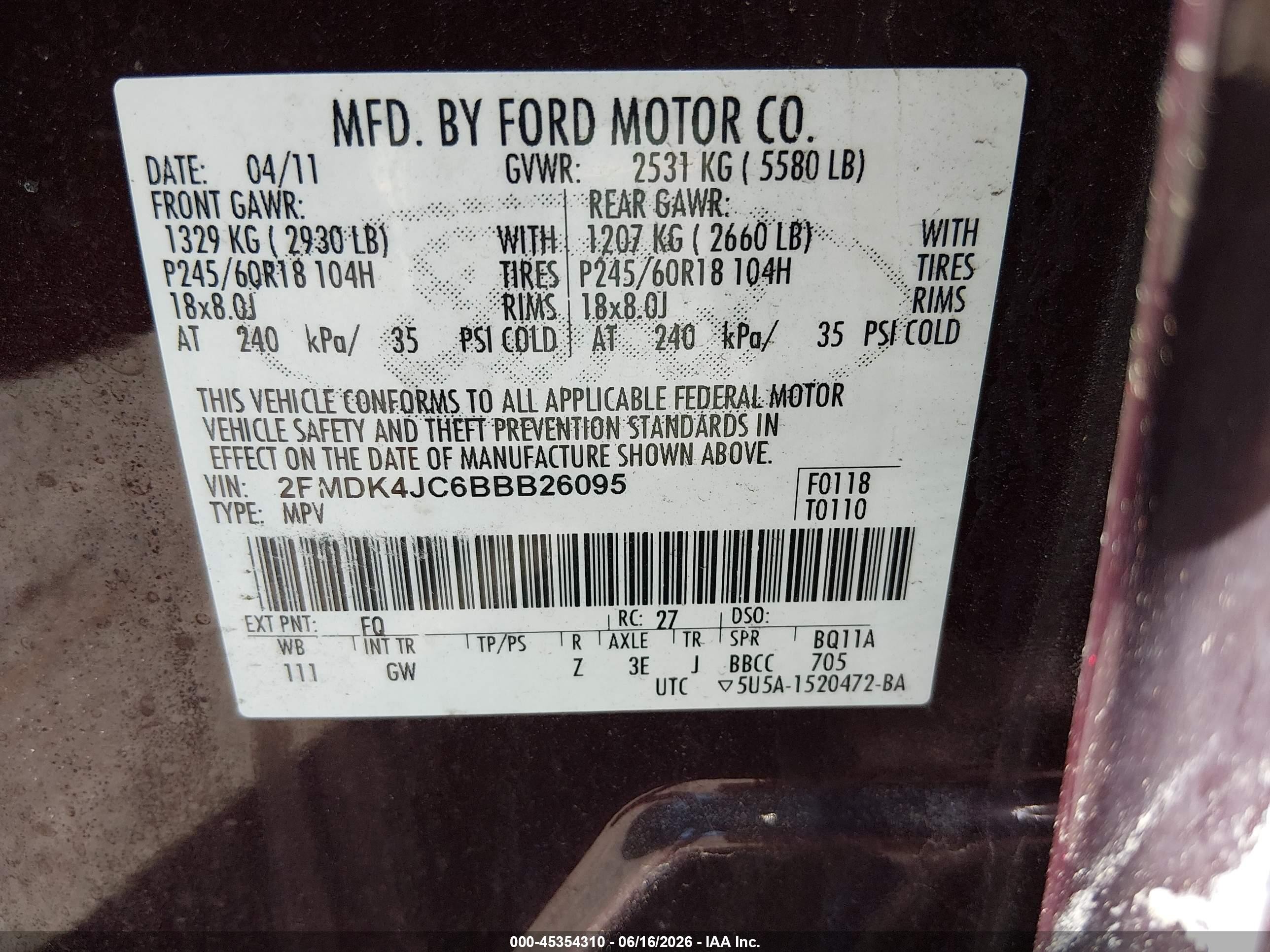 2011 Ford Edge Sel Burgundy vin: 2FMDK4JC6BBB26095