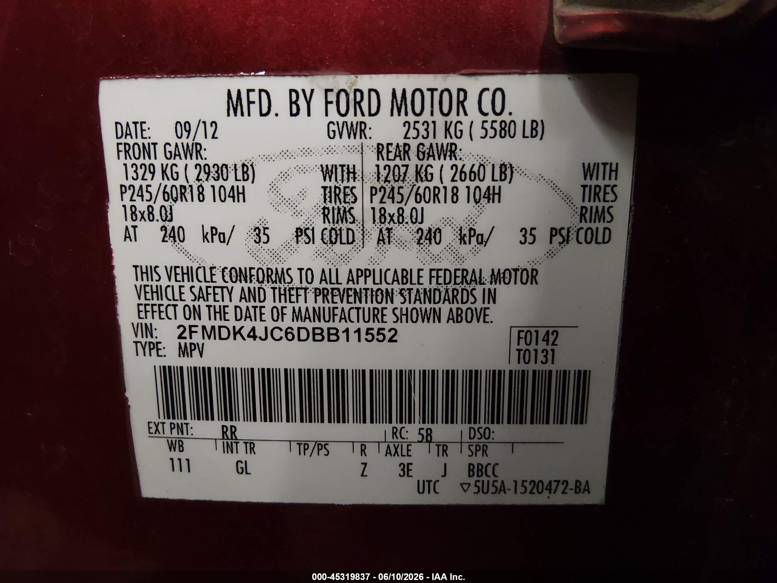 2013 Ford Edge Sel Red vin: 2FMDK4JC6DBB11552