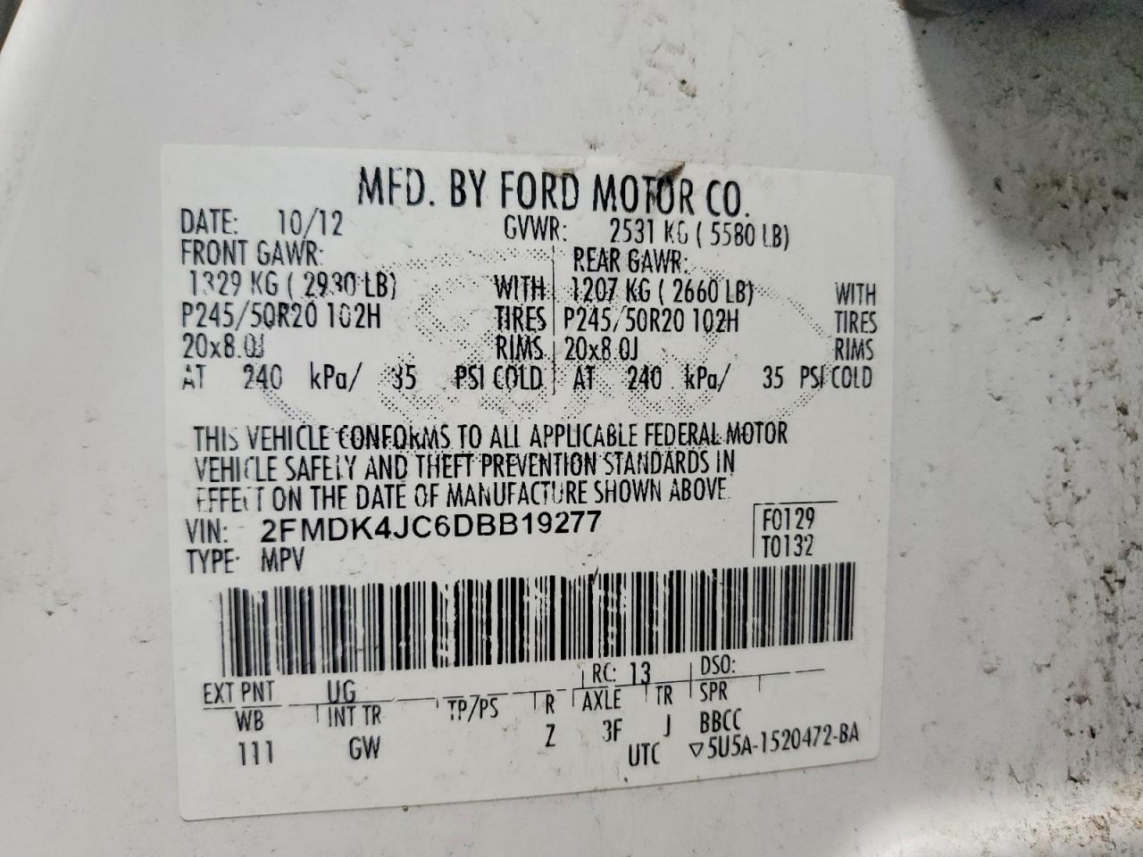 2013 Ford Edge Sel White vin: 2FMDK4JC6DBB19277
