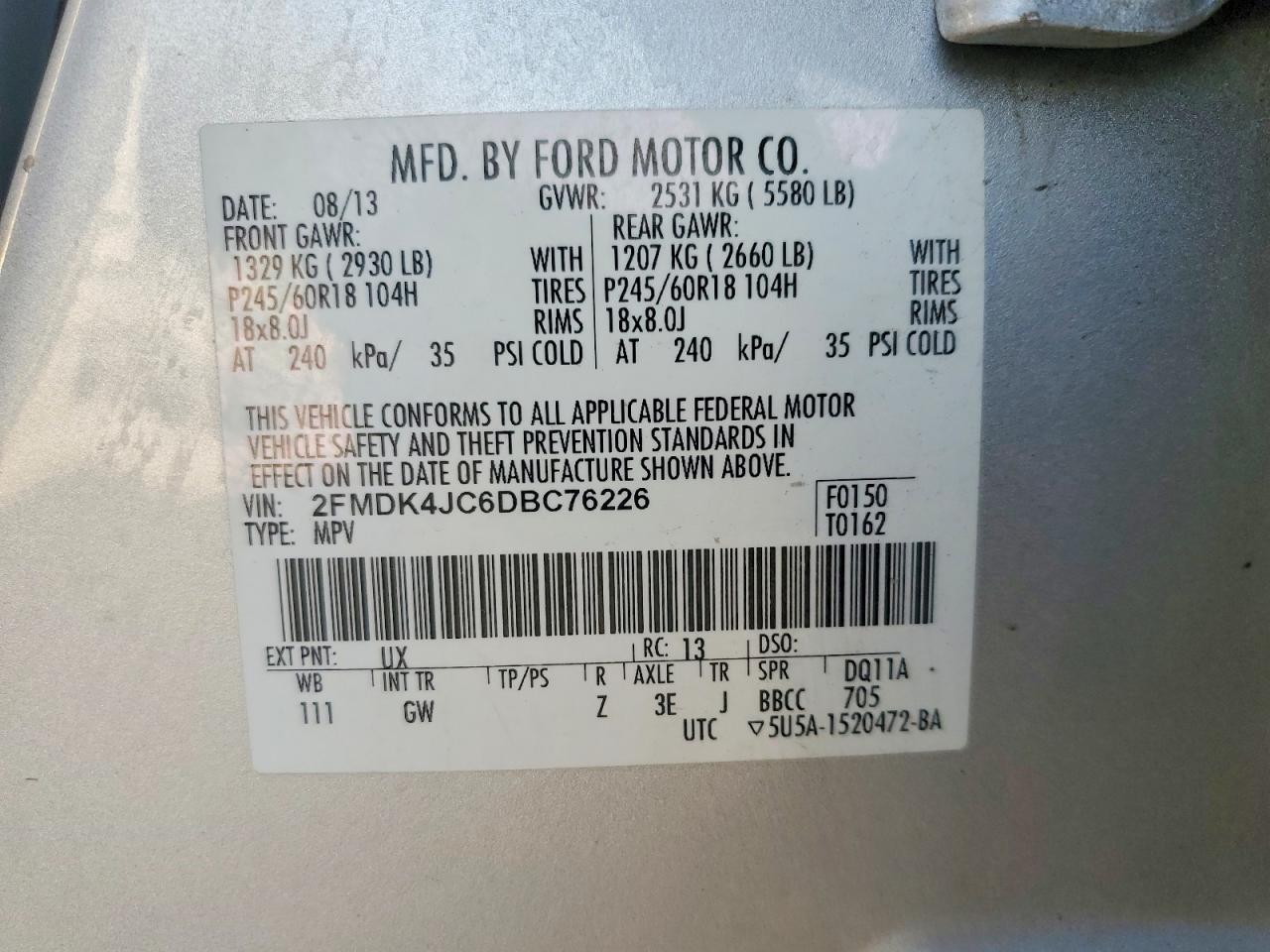 2013 Ford Edge Sel Silver vin: 2FMDK4JC6DBC76226