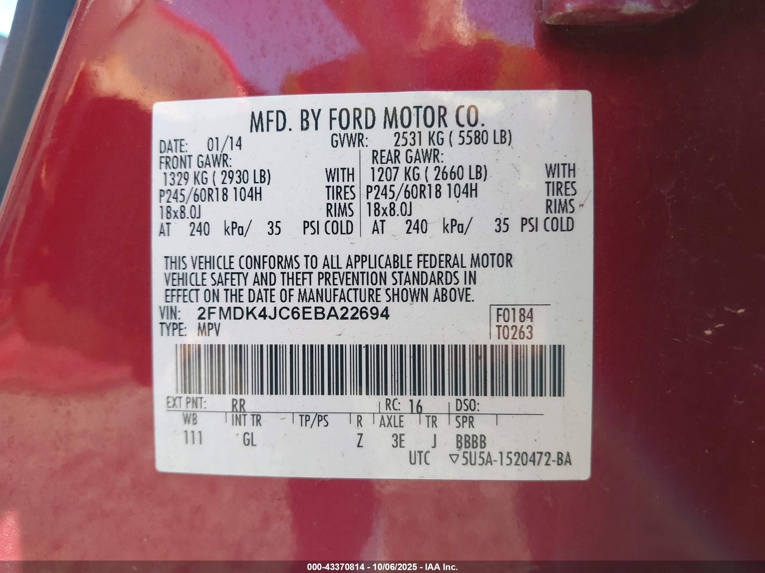 2014 Ford Edge Sel Red vin: 2FMDK4JC6EBA22694