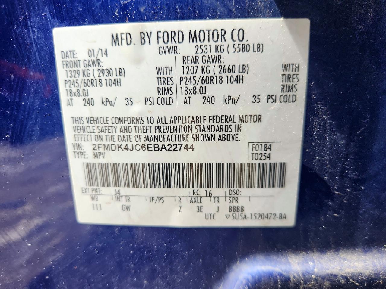 2014 Ford Edge Sel Blue vin: 2FMDK4JC6EBA22744