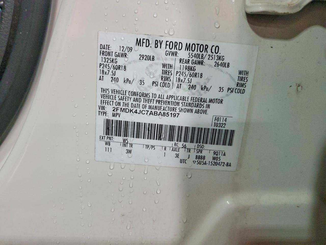 2010 Ford Edge Sel White vin: 2FMDK4JC7ABA85197