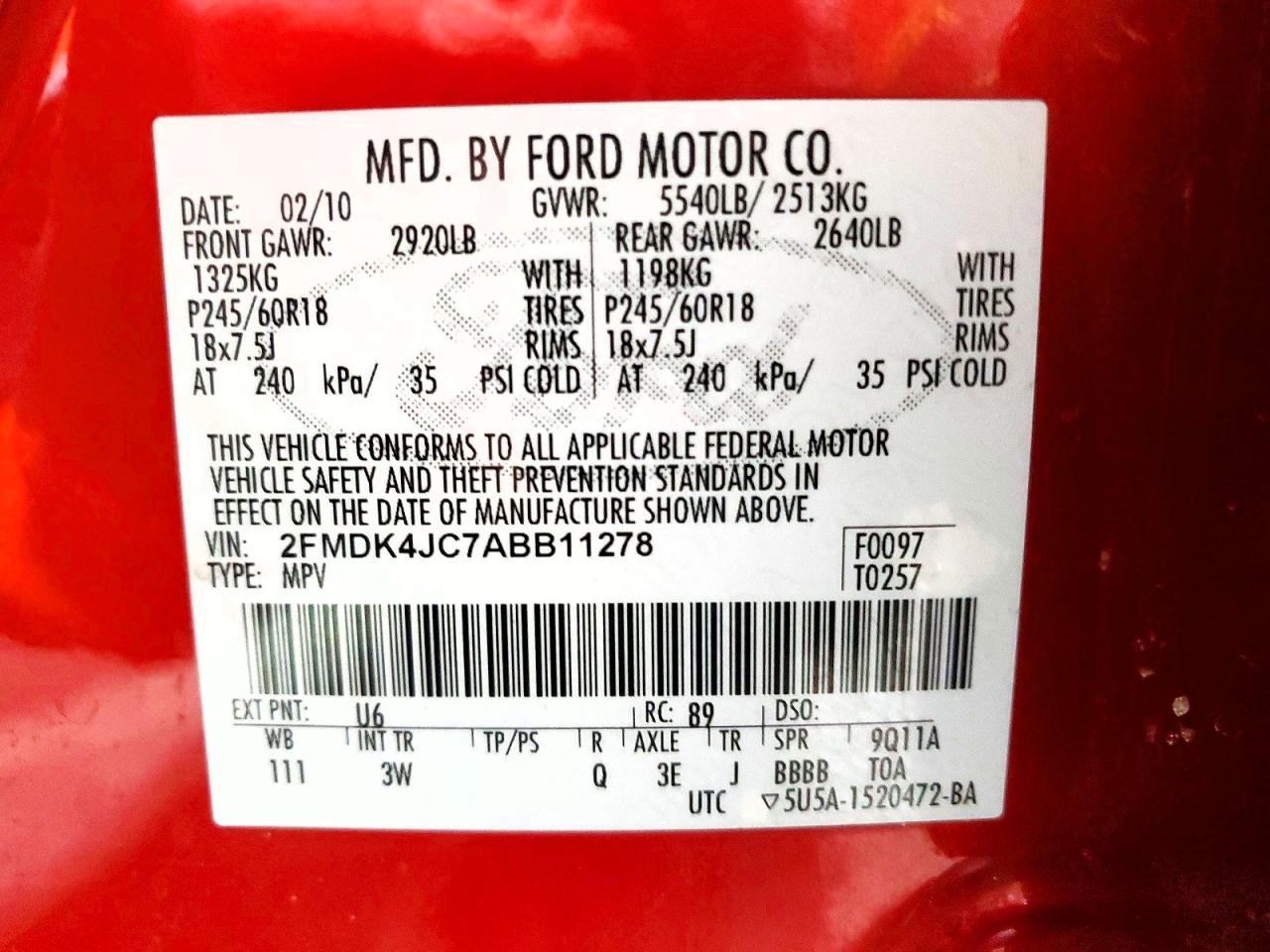 2010 Ford Edge Sel Red vin: 2FMDK4JC7ABB11278