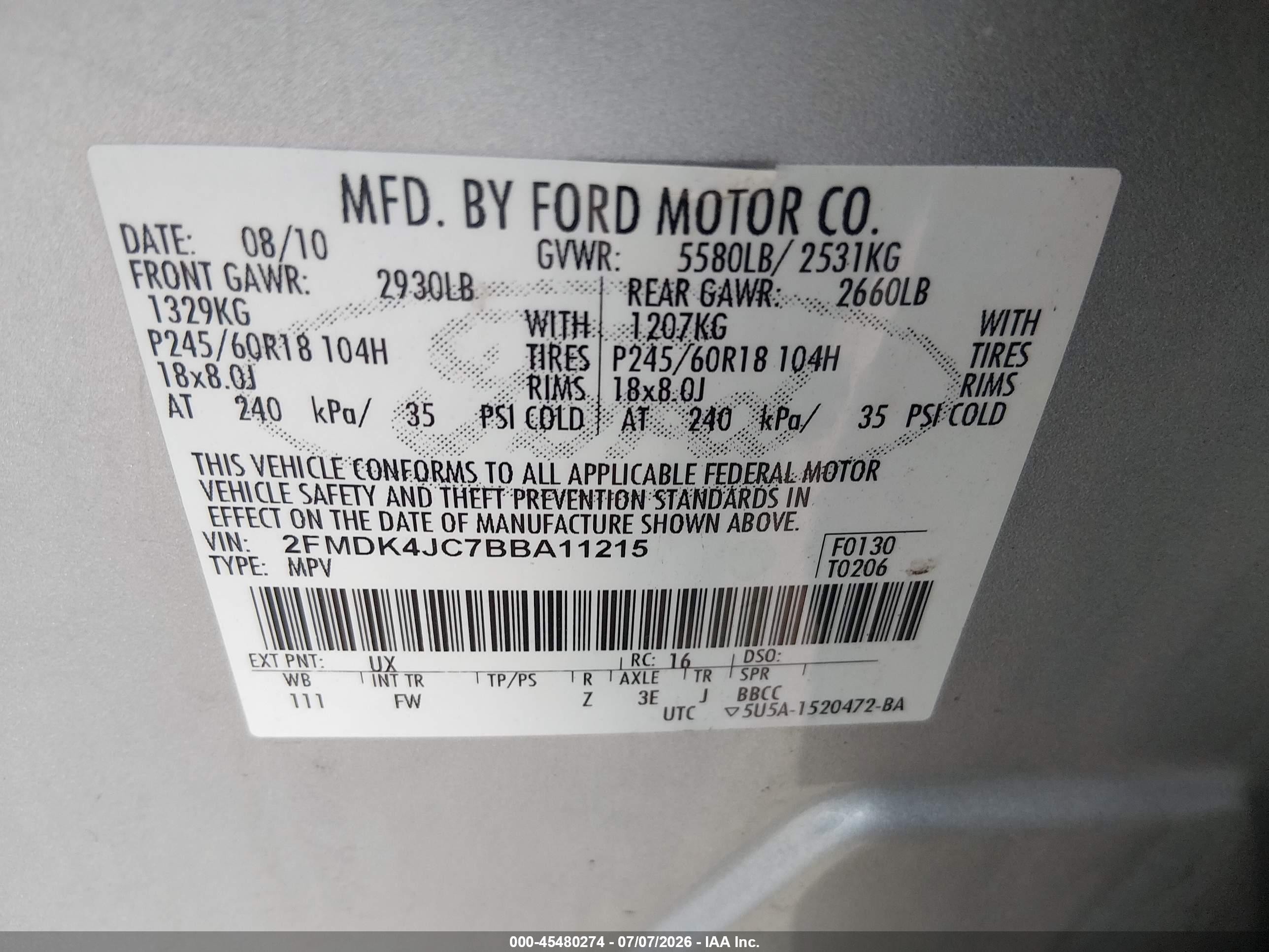 2011 Ford Edge Sel Silver vin: 2FMDK4JC7BBA11215