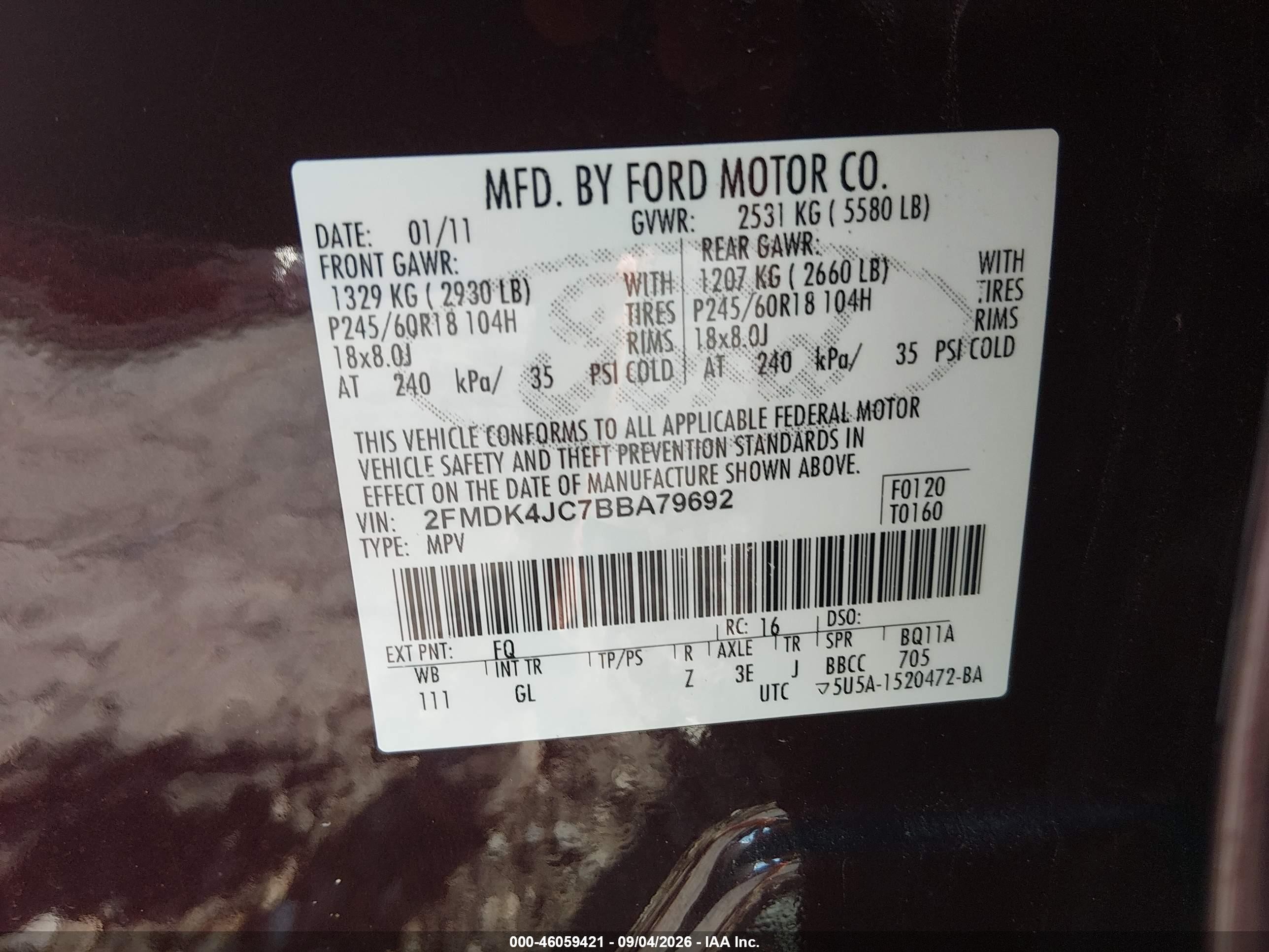 2011 Ford Edge Sel Burgundy vin: 2FMDK4JC7BBA79692