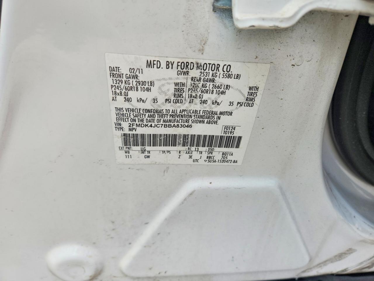 2011 Ford Edge Sel White vin: 2FMDK4JC7BBA83046