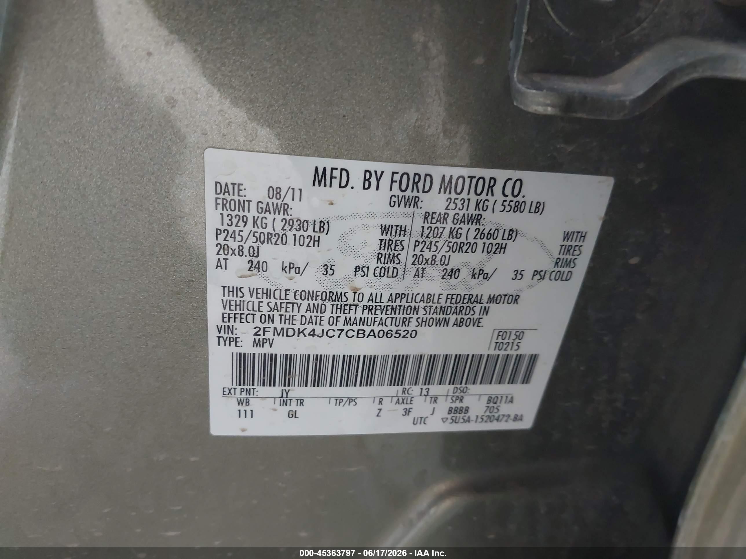 2012 Ford Edge Sel Gold vin: 2FMDK4JC7CBA06520