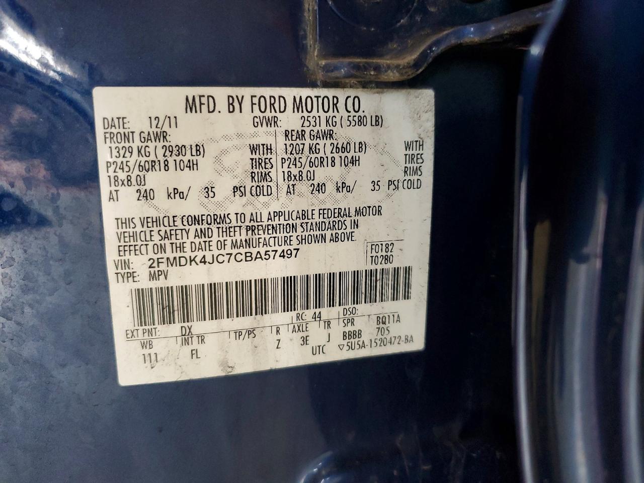 2012 Ford Edge Sel Blue vin: 2FMDK4JC7CBA57497