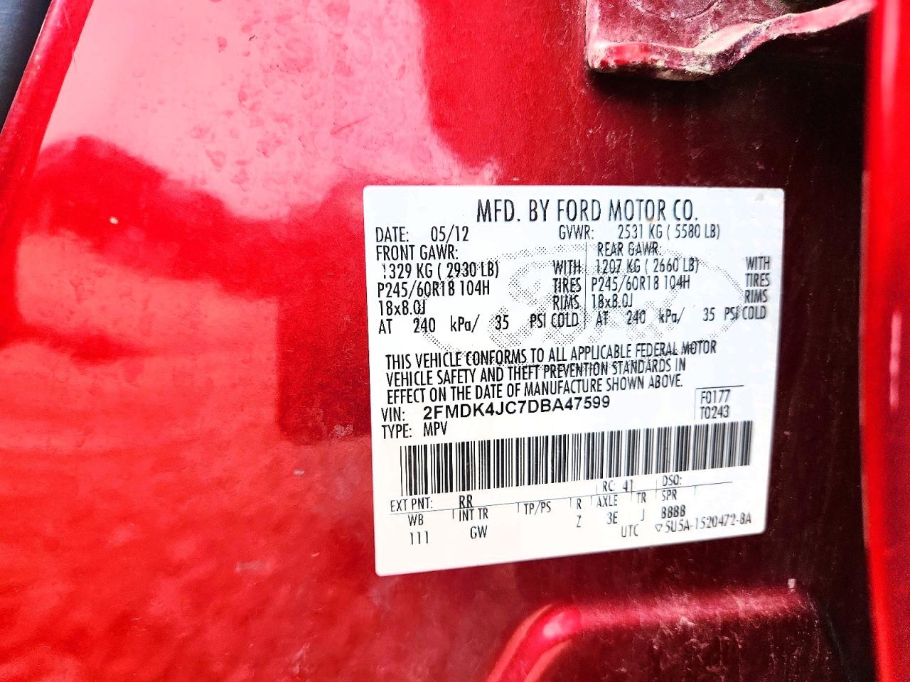 2013 Ford Edge Sel Red vin: 2FMDK4JC7DBA47599