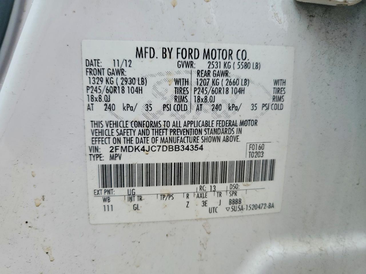 2013 Ford Edge Sel White vin: 2FMDK4JC7DBB34354