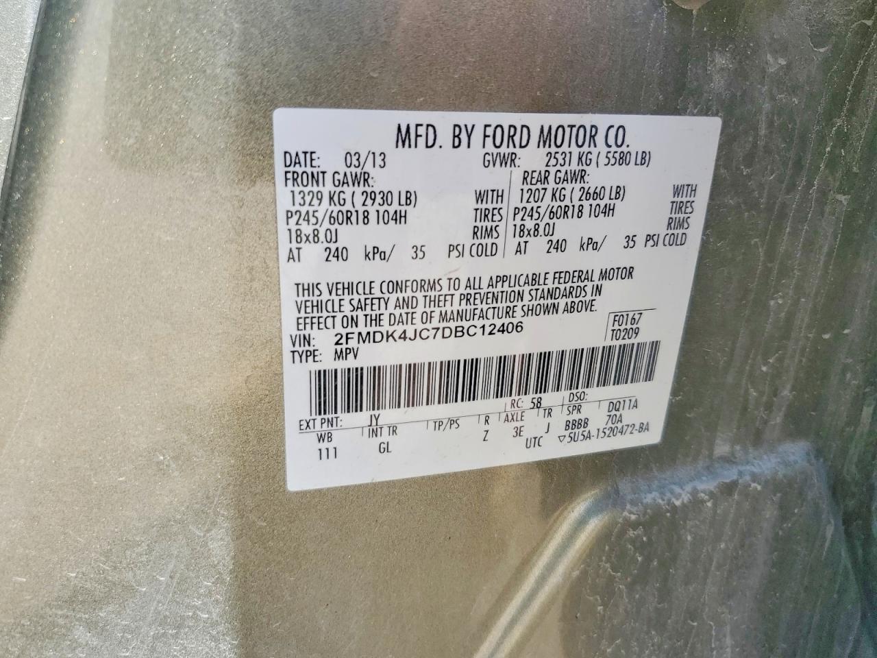 2013 Ford Edge Sel Green vin: 2FMDK4JC7DBC12406