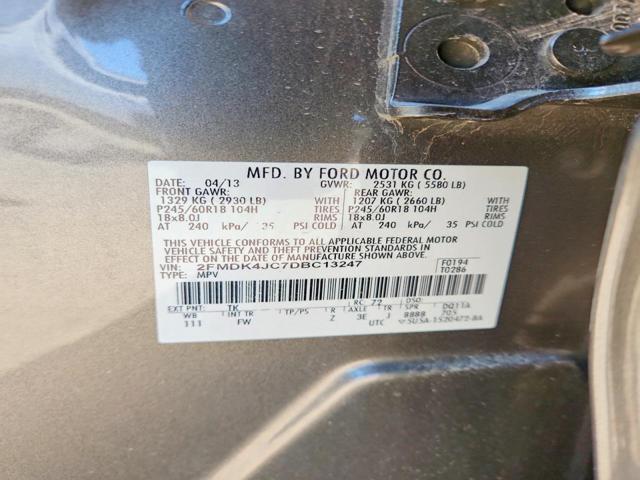 2013 Ford Edge Sel Серый vin: 2FMDK4JC7DBC13247