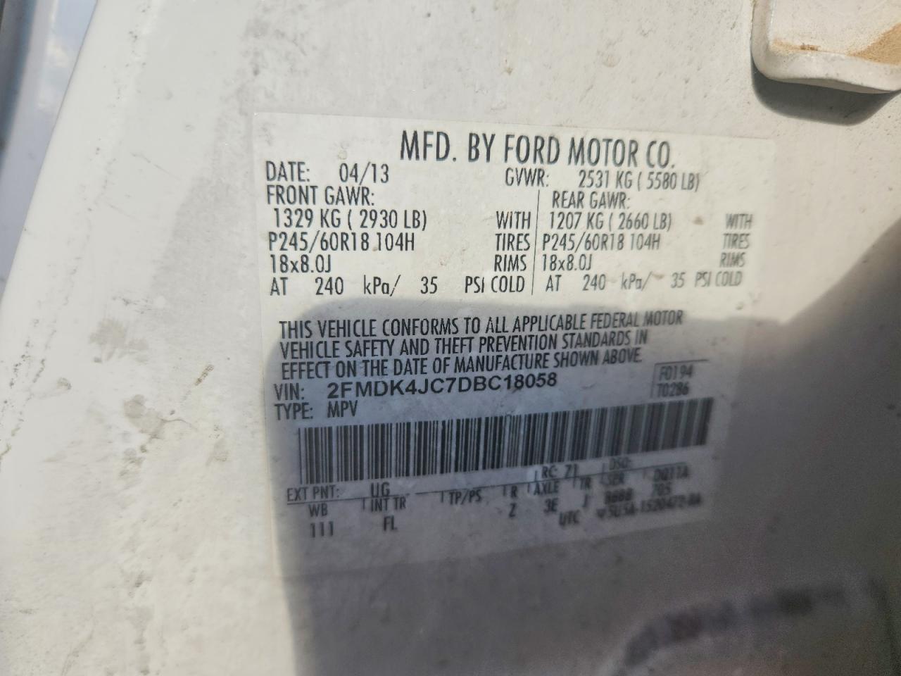 2013 Ford Edge Sel White vin: 2FMDK4JC7DBC18058