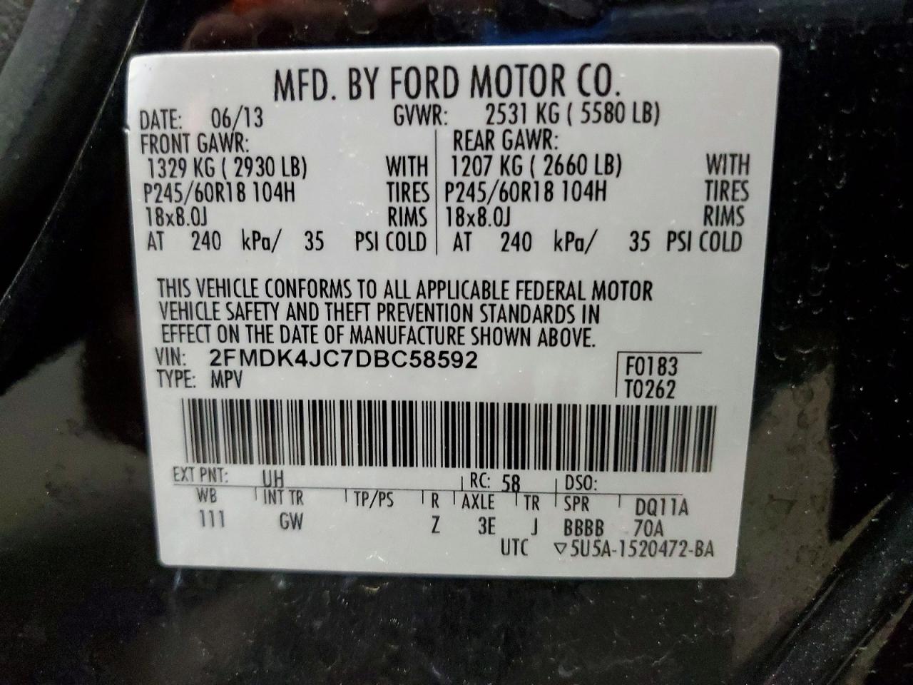 2013 Ford Edge Sel Black vin: 2FMDK4JC7DBC58592