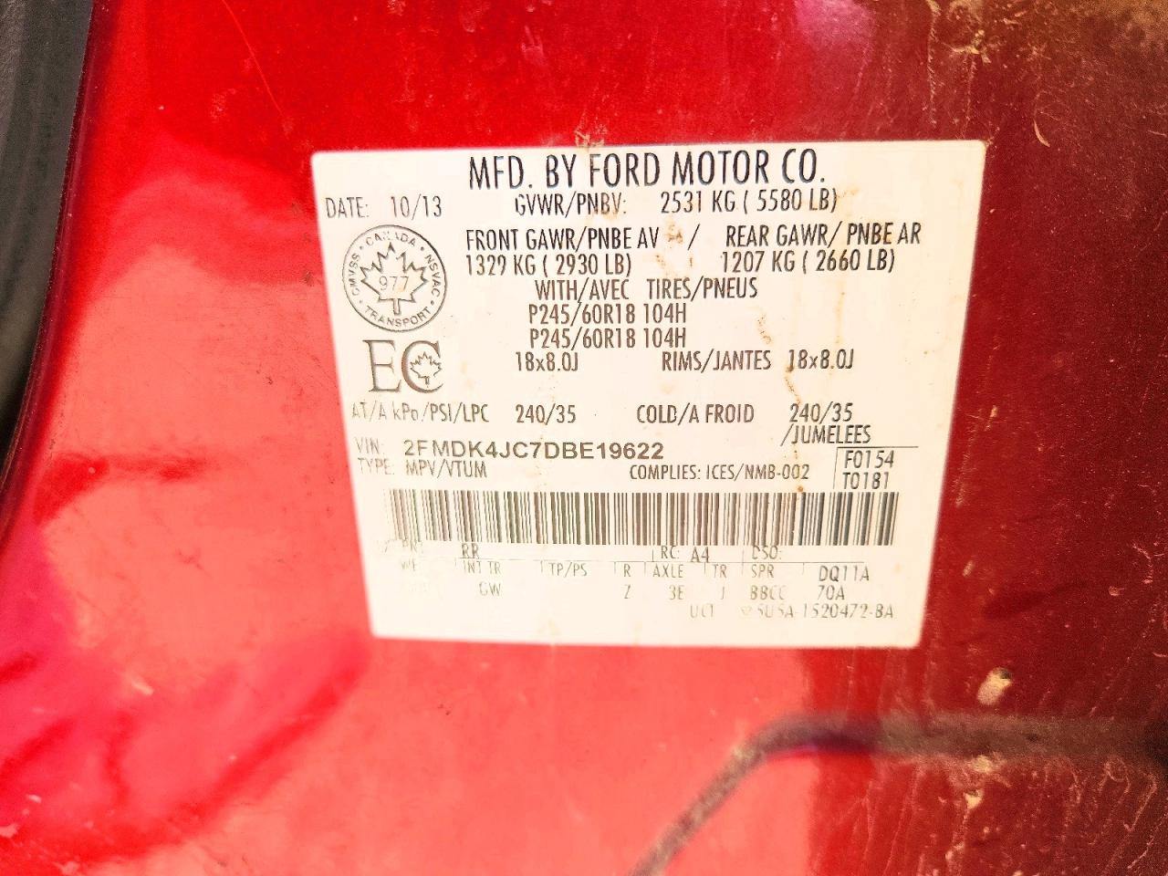 2013 Ford Edge Sel Red vin: 2FMDK4JC7DBE19622
