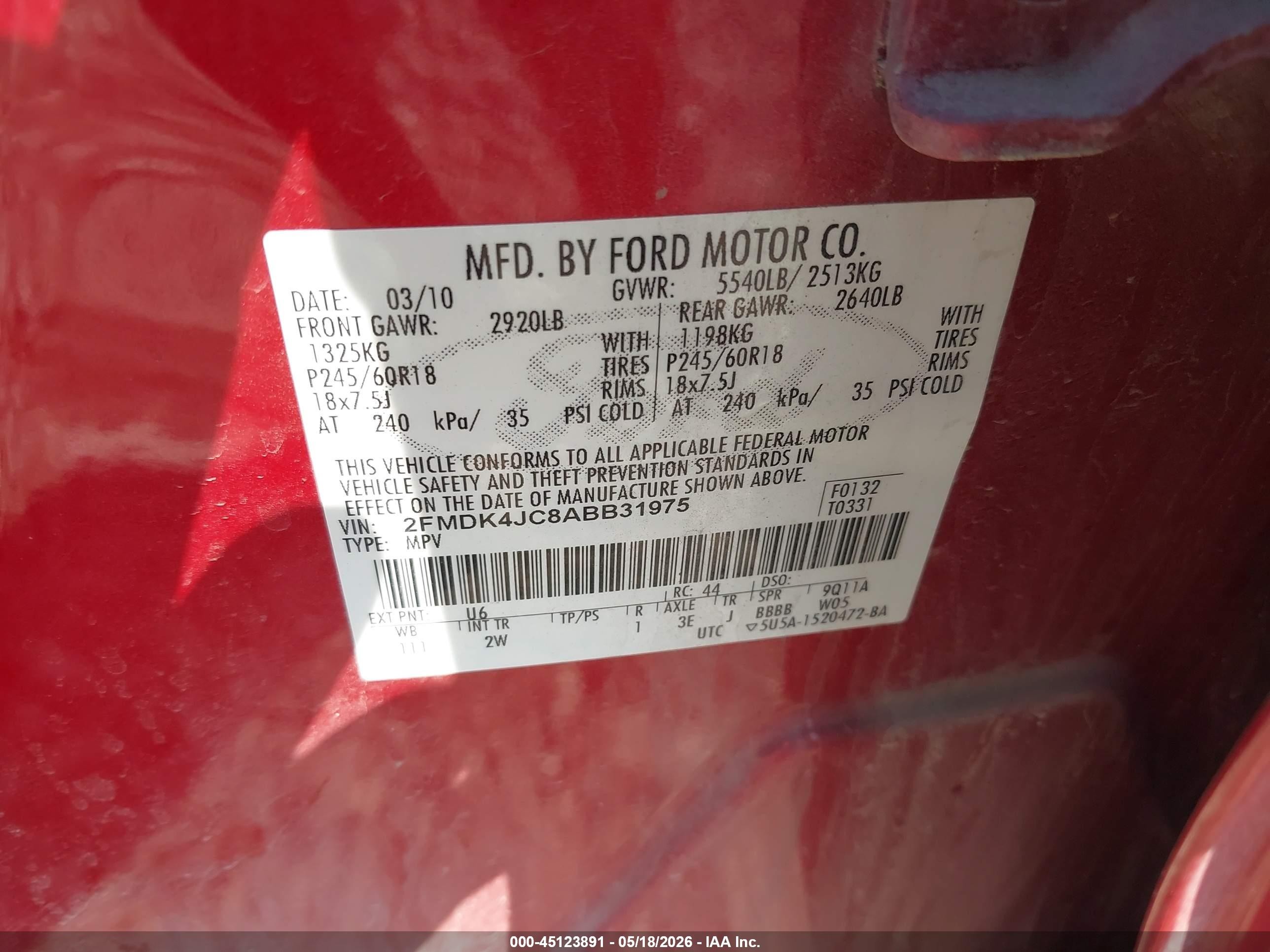 2010 Ford Edge Sel Red vin: 2FMDK4JC8ABB31975