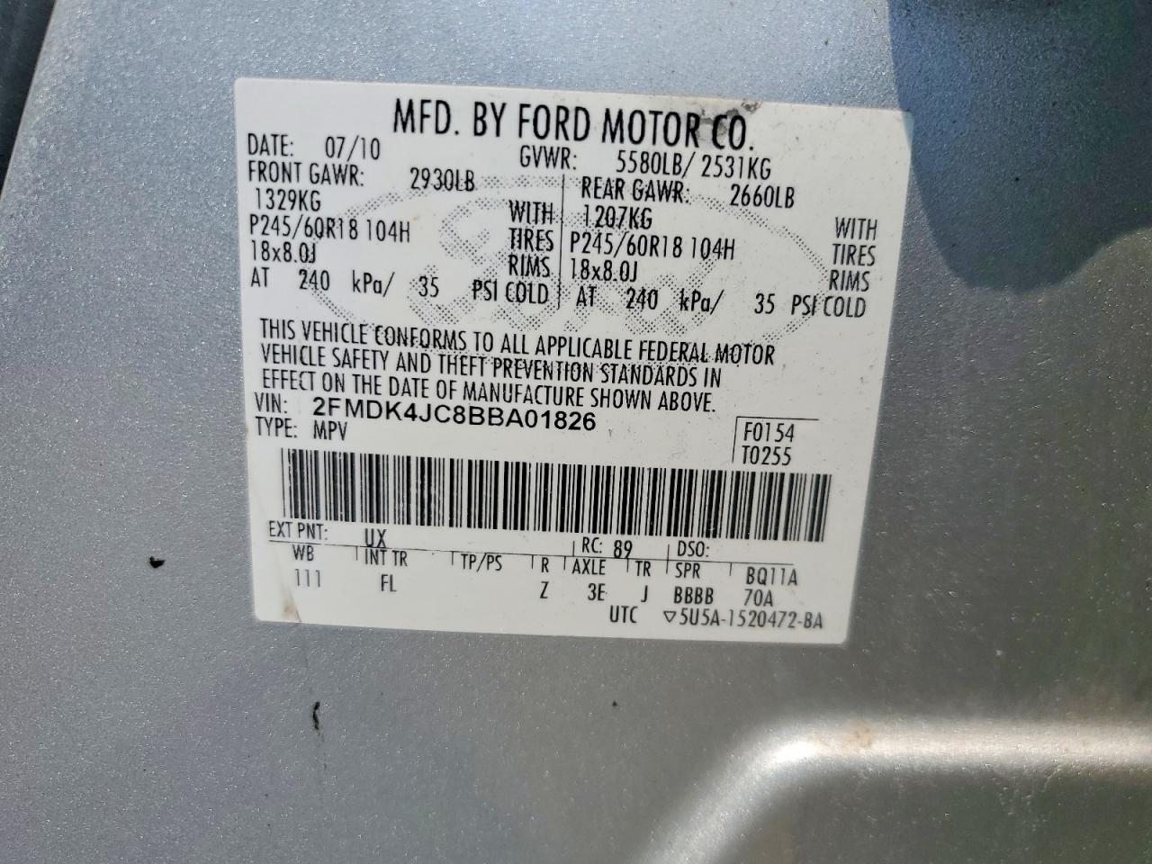 2011 Ford Edge Sel Silver vin: 2FMDK4JC8BBA01826