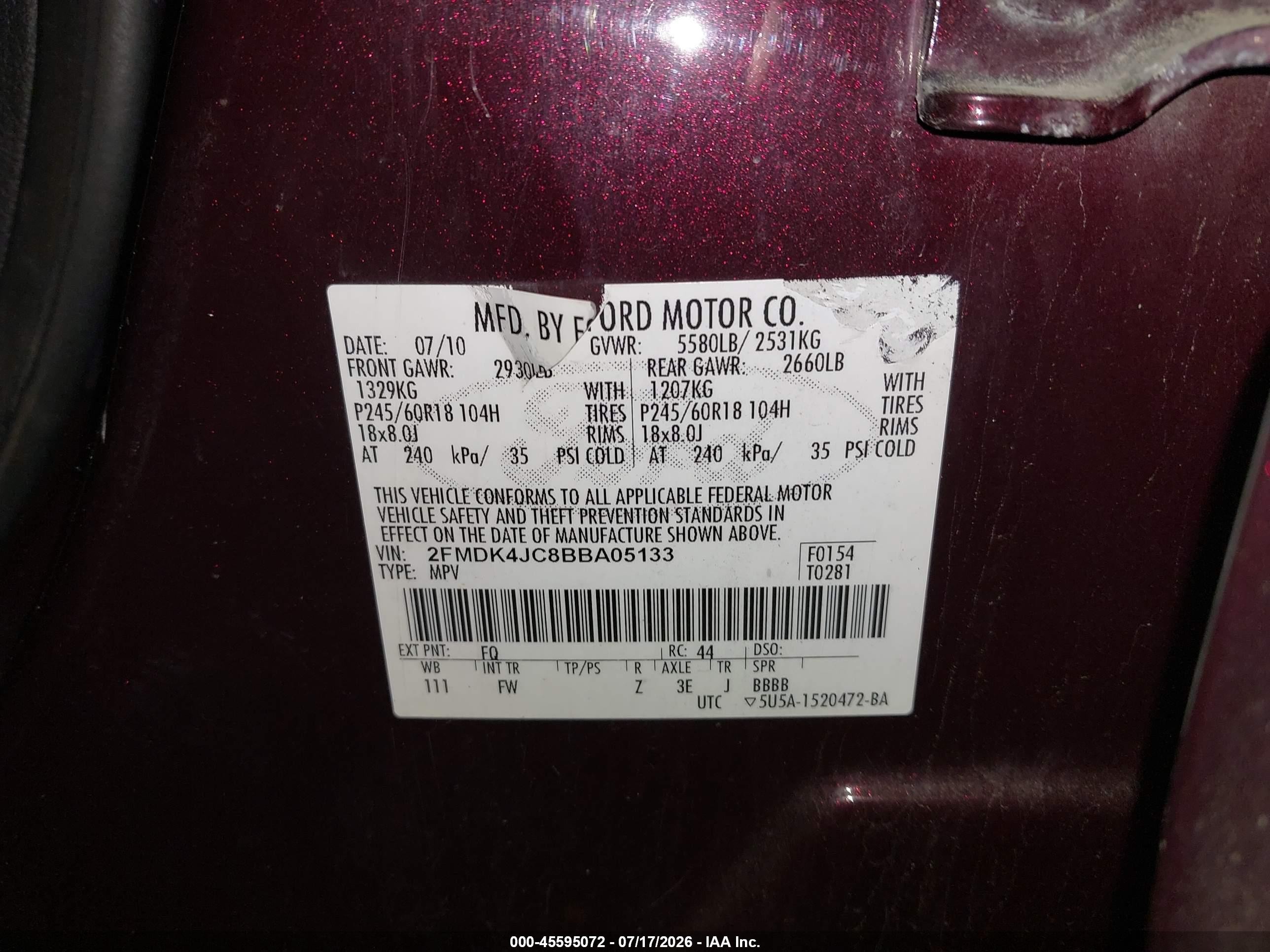 2011 Ford Edge Sel Burgundy vin: 2FMDK4JC8BBA05133