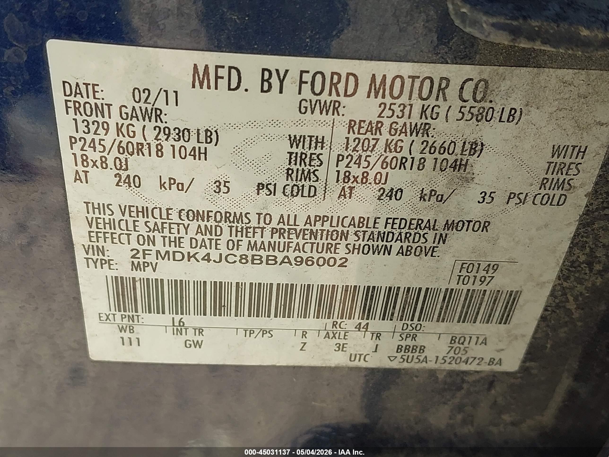 2011 Ford Edge Sel Blue vin: 2FMDK4JC8BBA96002