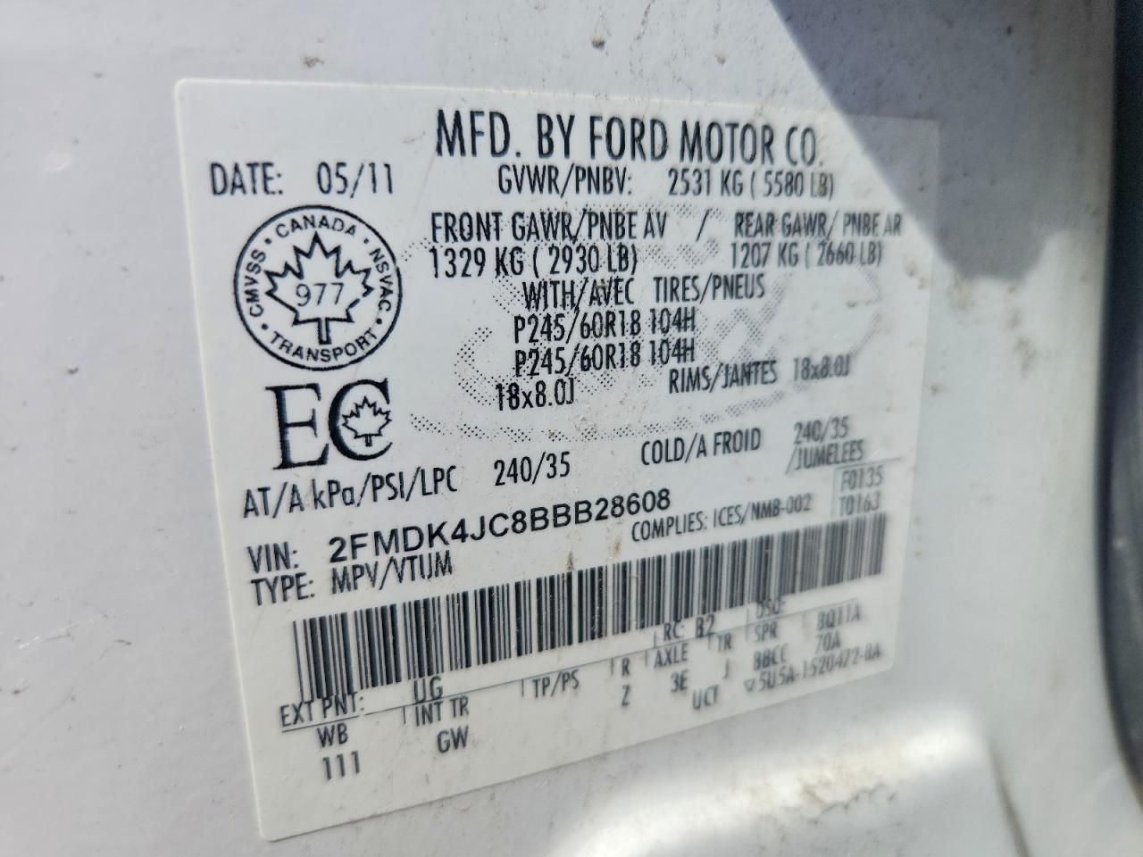 2011 Ford Edge Sel White vin: 2FMDK4JC8BBB28608
