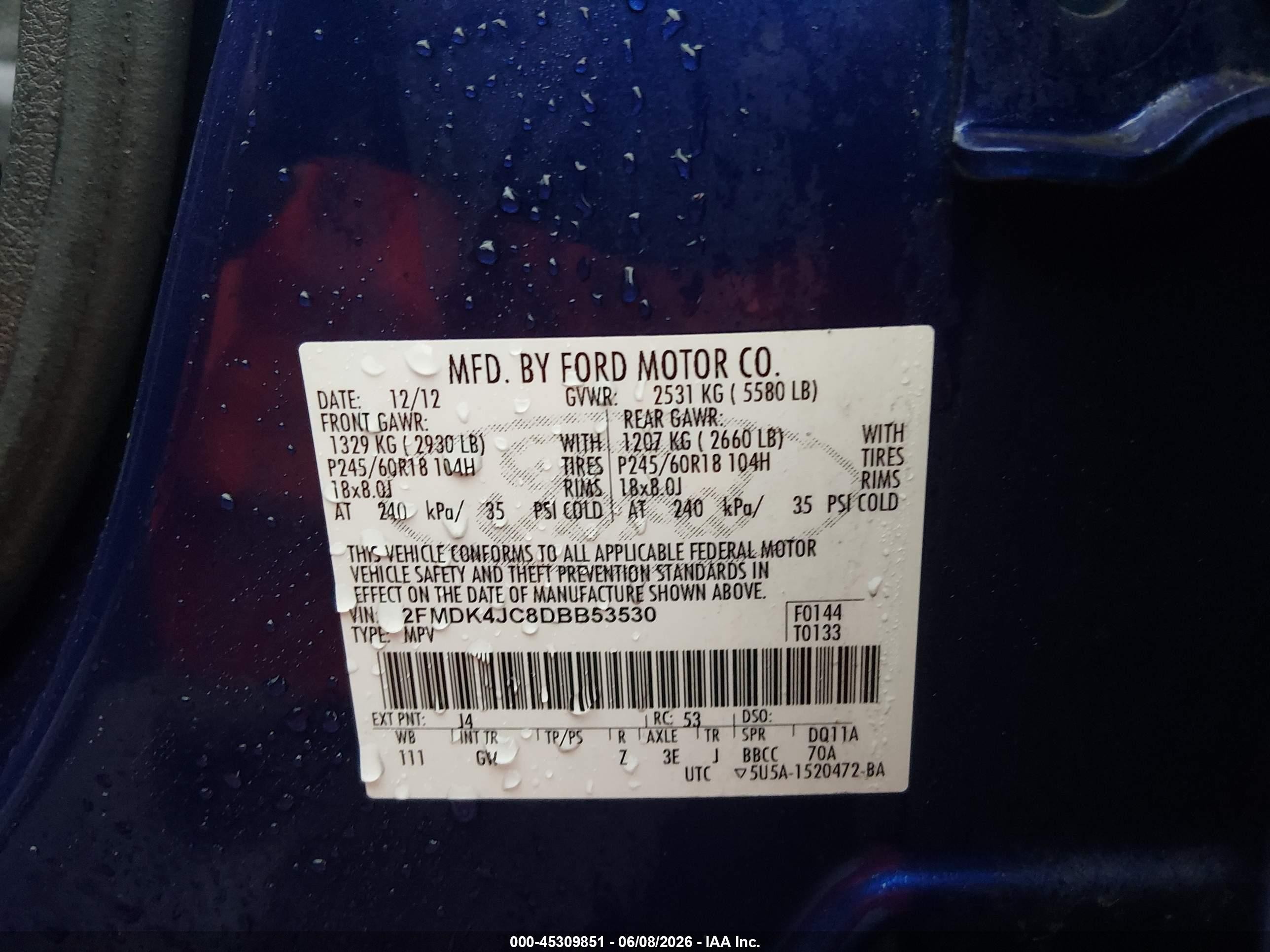 2013 Ford Edge Sel Blue vin: 2FMDK4JC8DBB53530