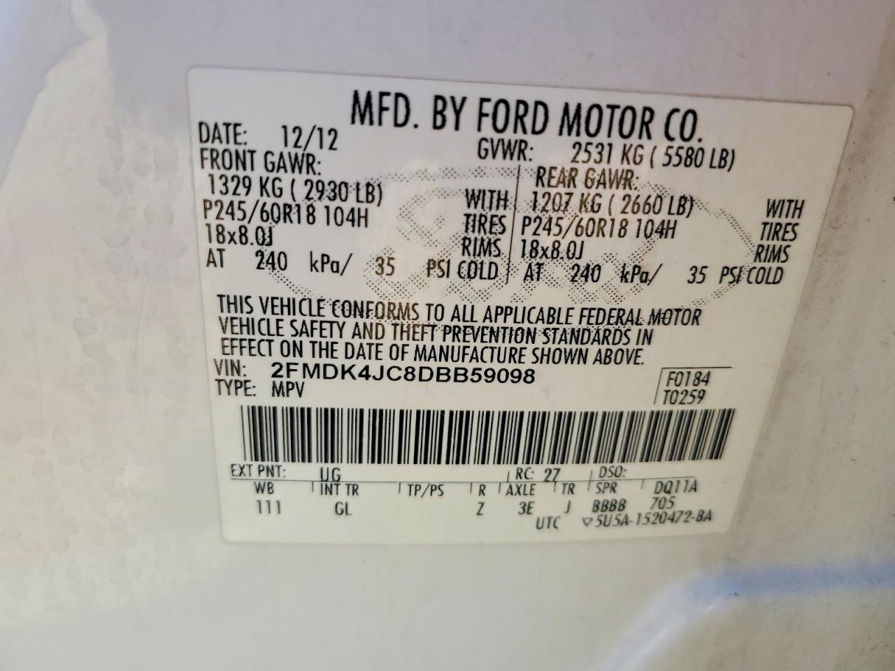 2013 Ford Edge Sel White vin: 2FMDK4JC8DBB59098