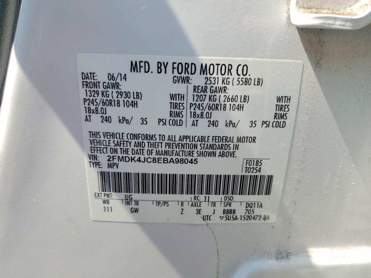 2014 Ford Edge Sel White vin: 2FMDK4JC8EBA98045