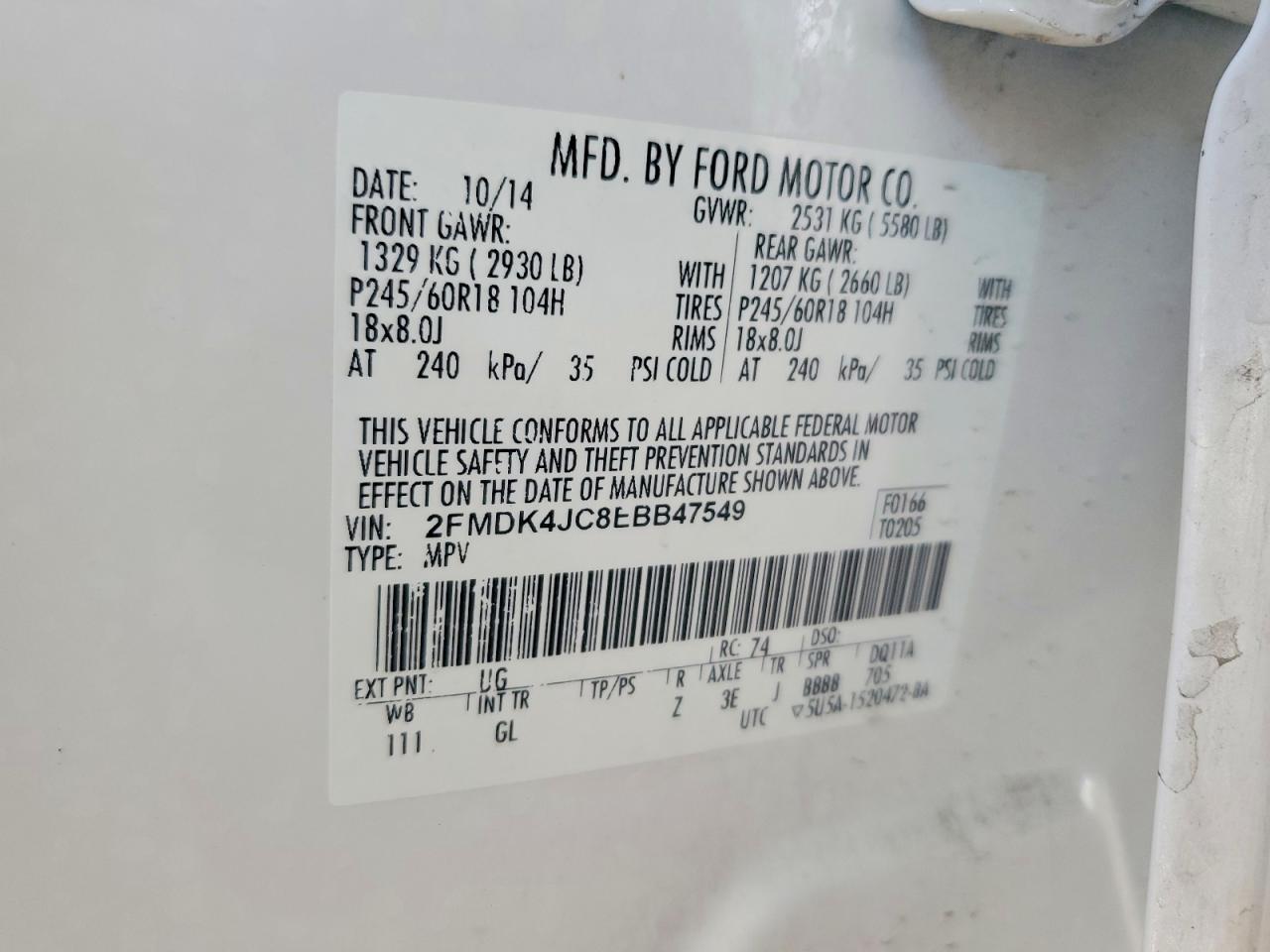 2014 Ford Edge Sel White vin: 2FMDK4JC8EBB47549