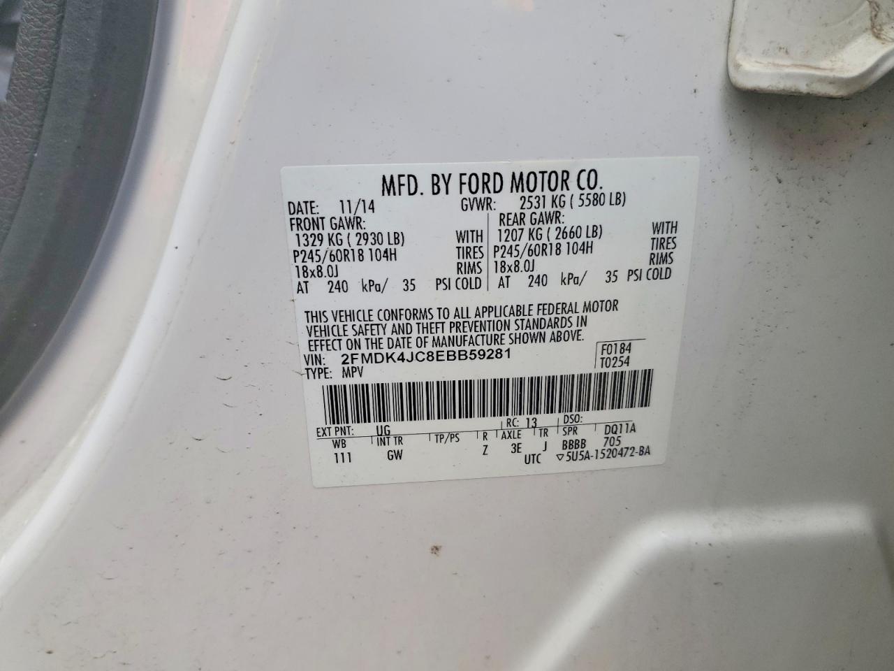 2014 Ford Edge Sel White vin: 2FMDK4JC8EBB59281
