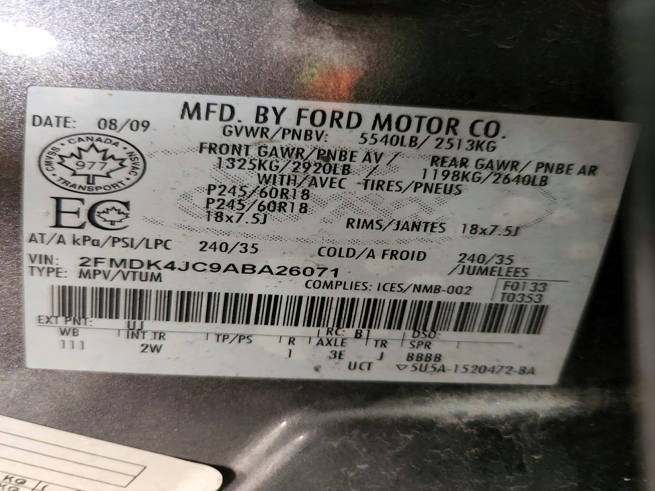 2010 Ford Edge Sel Gray vin: 2FMDK4JC9ABA26071