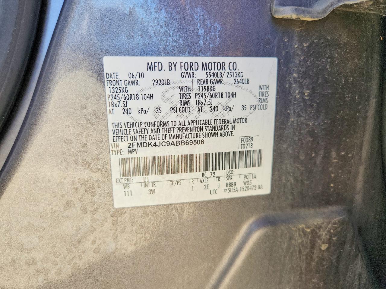 2010 Ford Edge Sel Charcoal vin: 2FMDK4JC9ABB69506